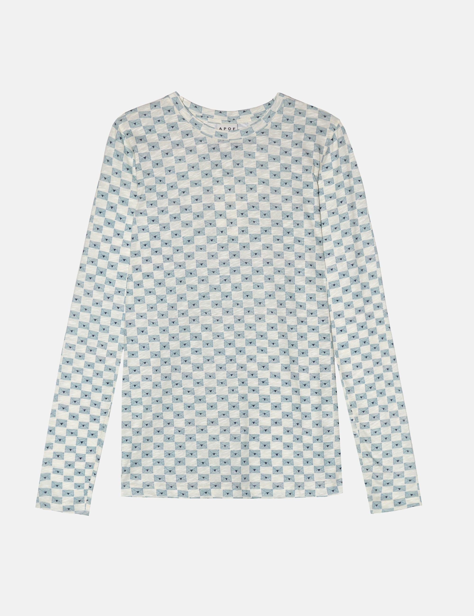 Women's long sleeve white t-shirt with checked pattern
