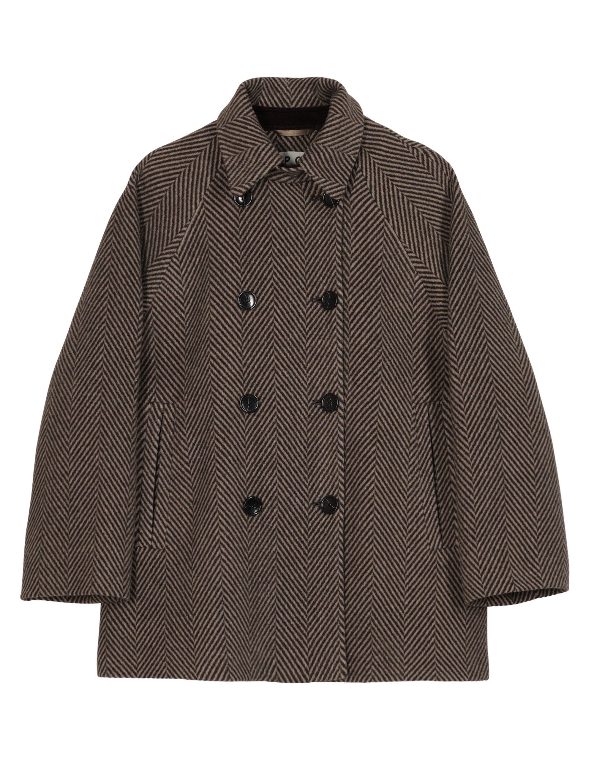 Women's herringbone patterned green wool jacket with collar, double buttons and pockets