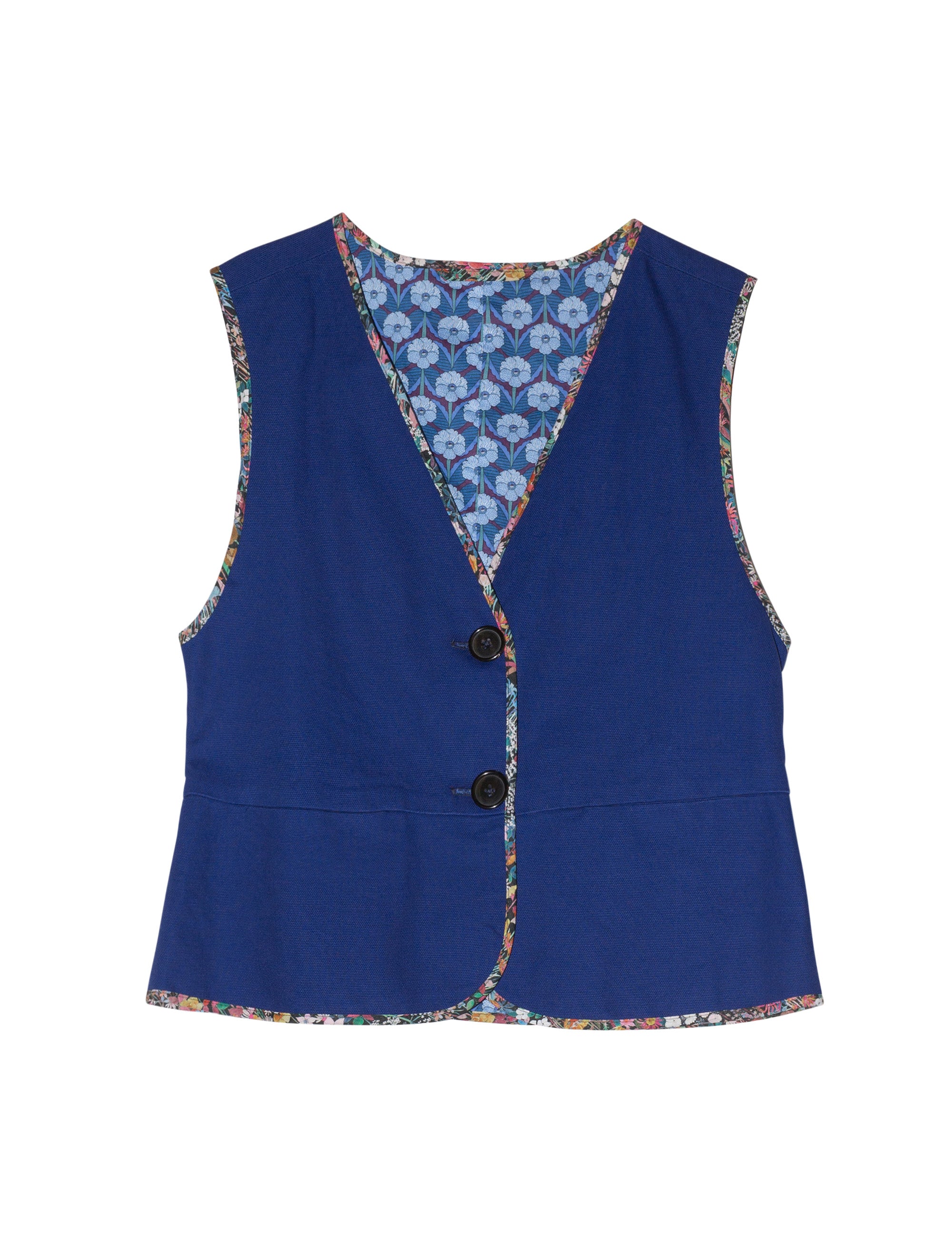 Women's liberty cotton blue reversible vest with buttons and floral print pipings