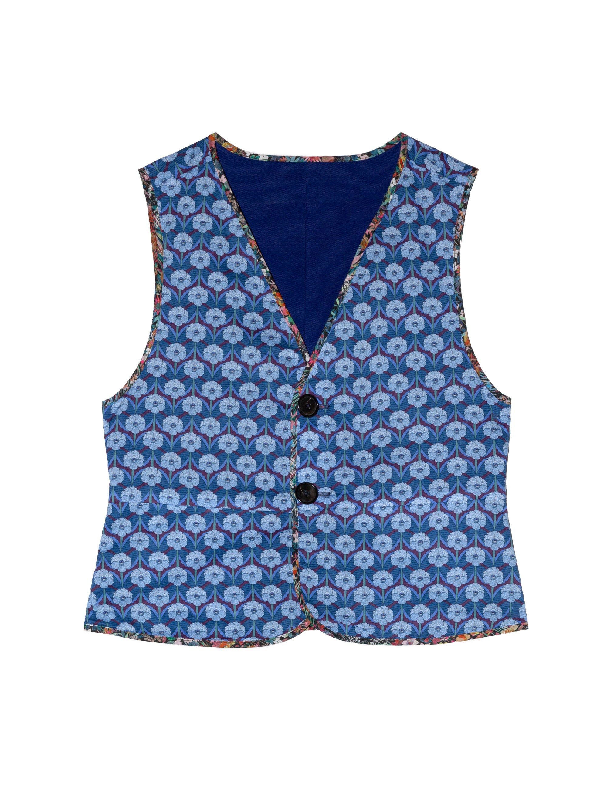 Women's liberty cotton blue floral print reversible vest with buttons and floral print pipings