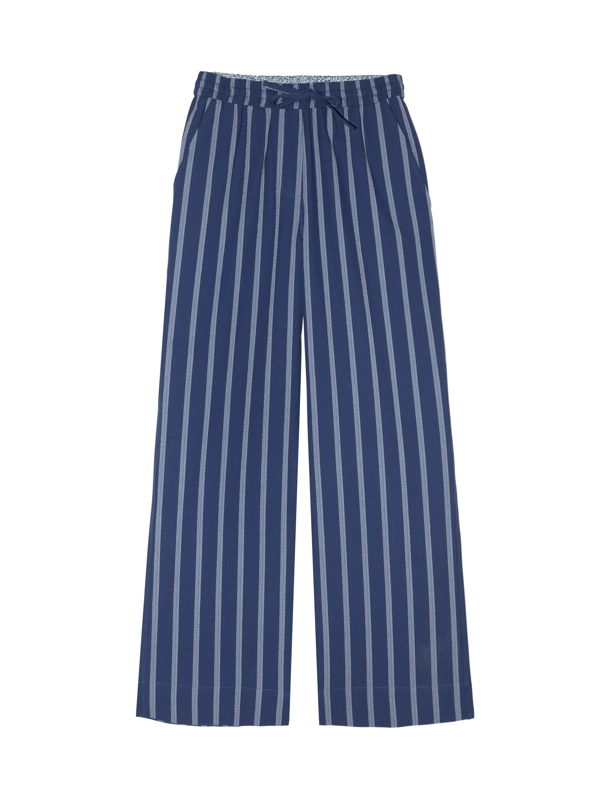 Women's blue and white striped wide and relaxed seersucker pants