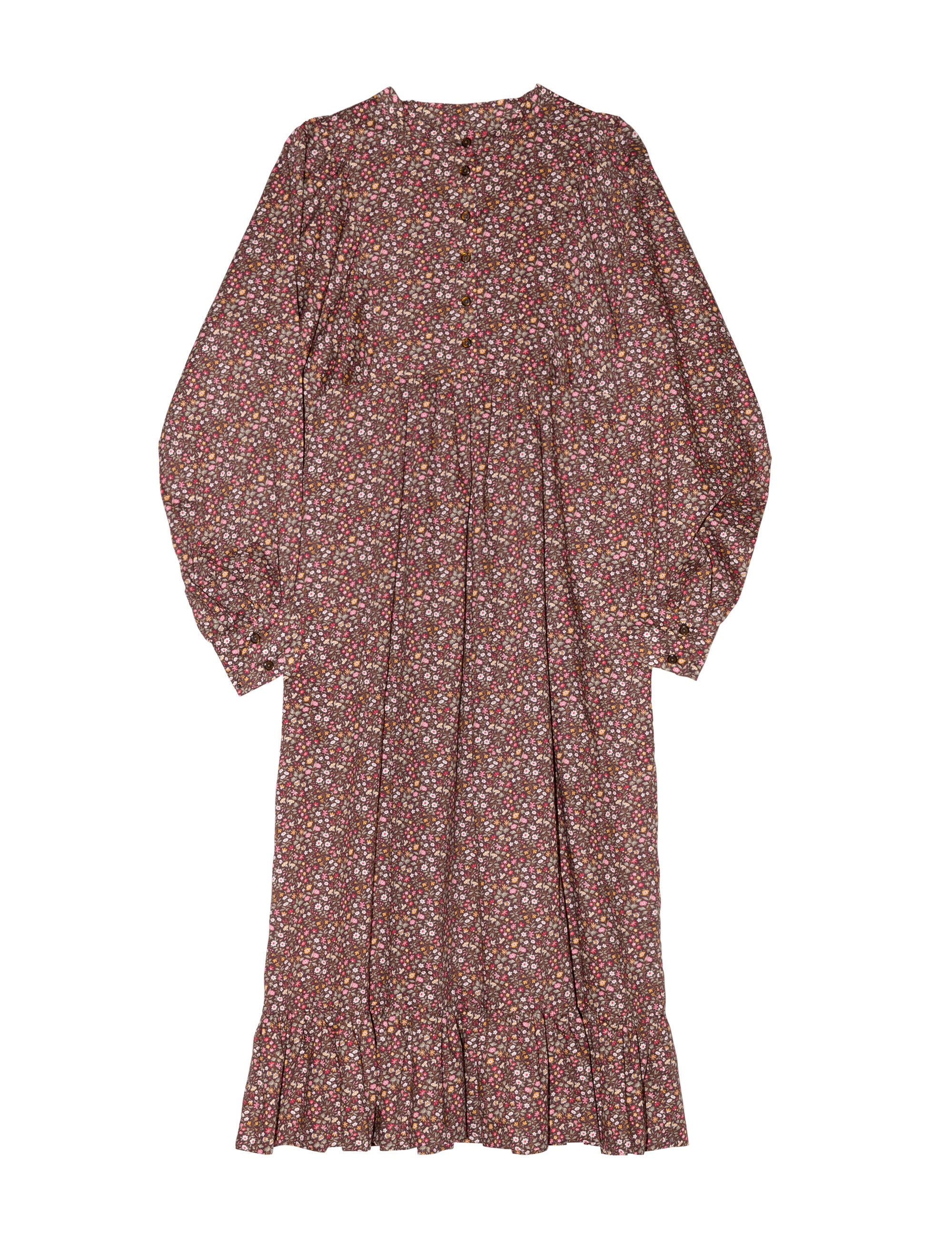 Liberty cotton brown floral print midi dress with long sleeves and buttons