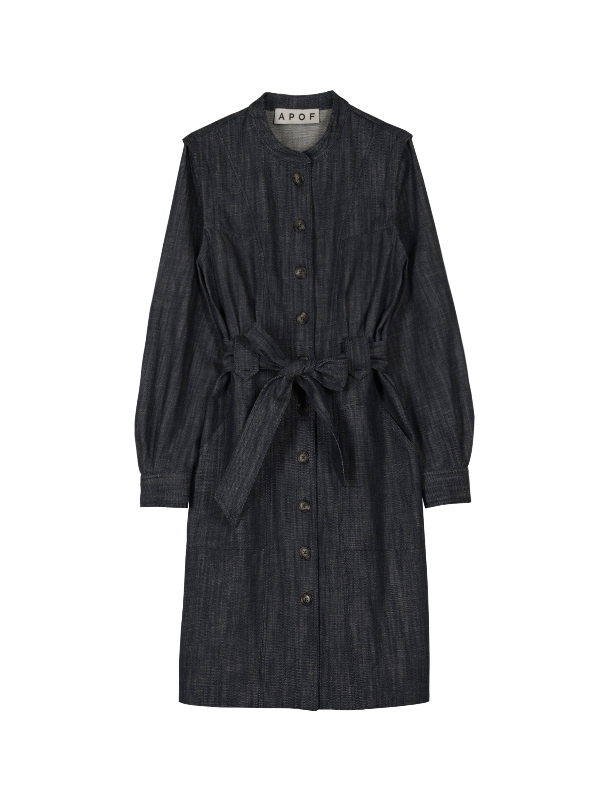 Classic denim blue shirt dress with buttons, pockets and belt