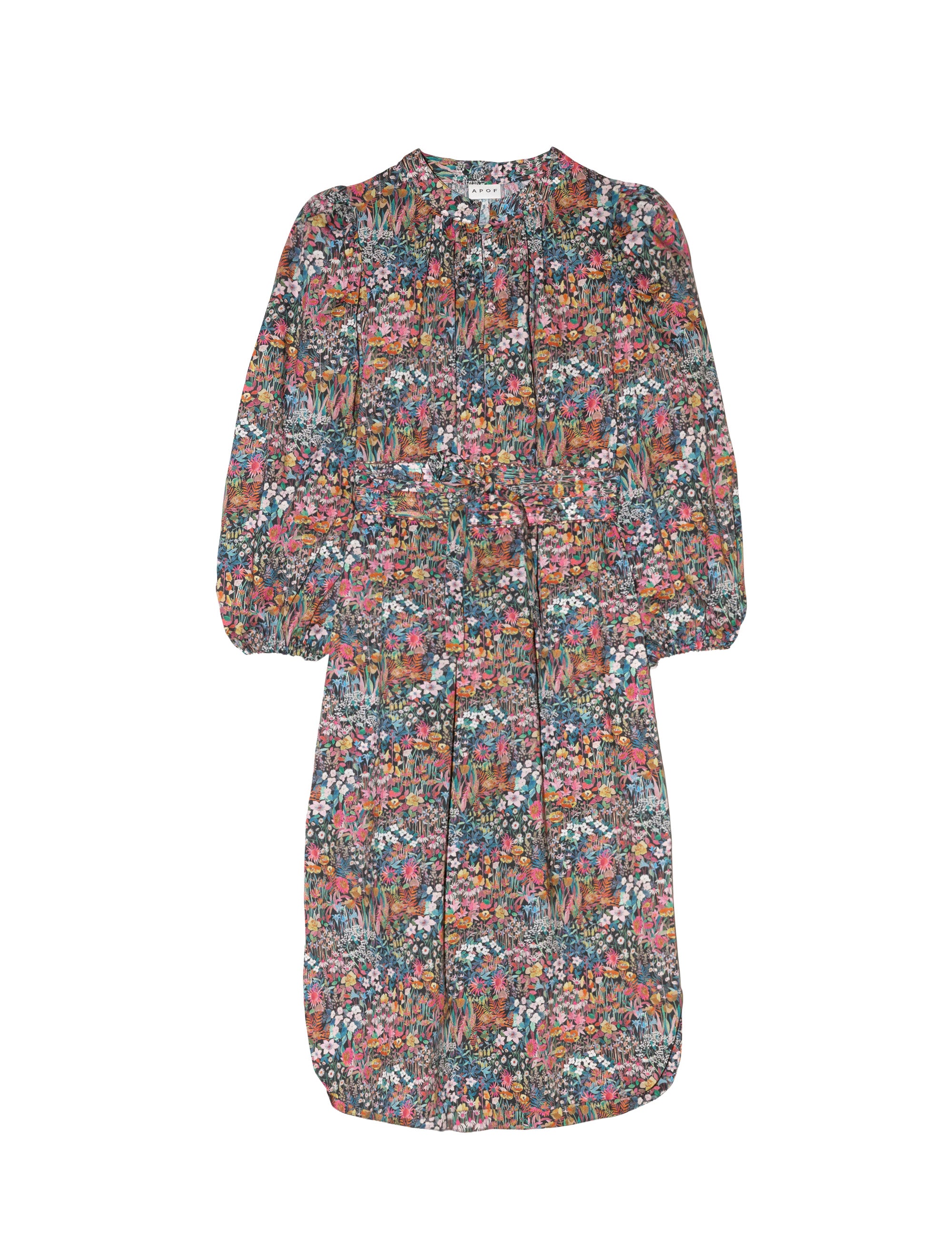 Liberty cotton multi-colored floral print midi dress with long puff sleeves and matching belt