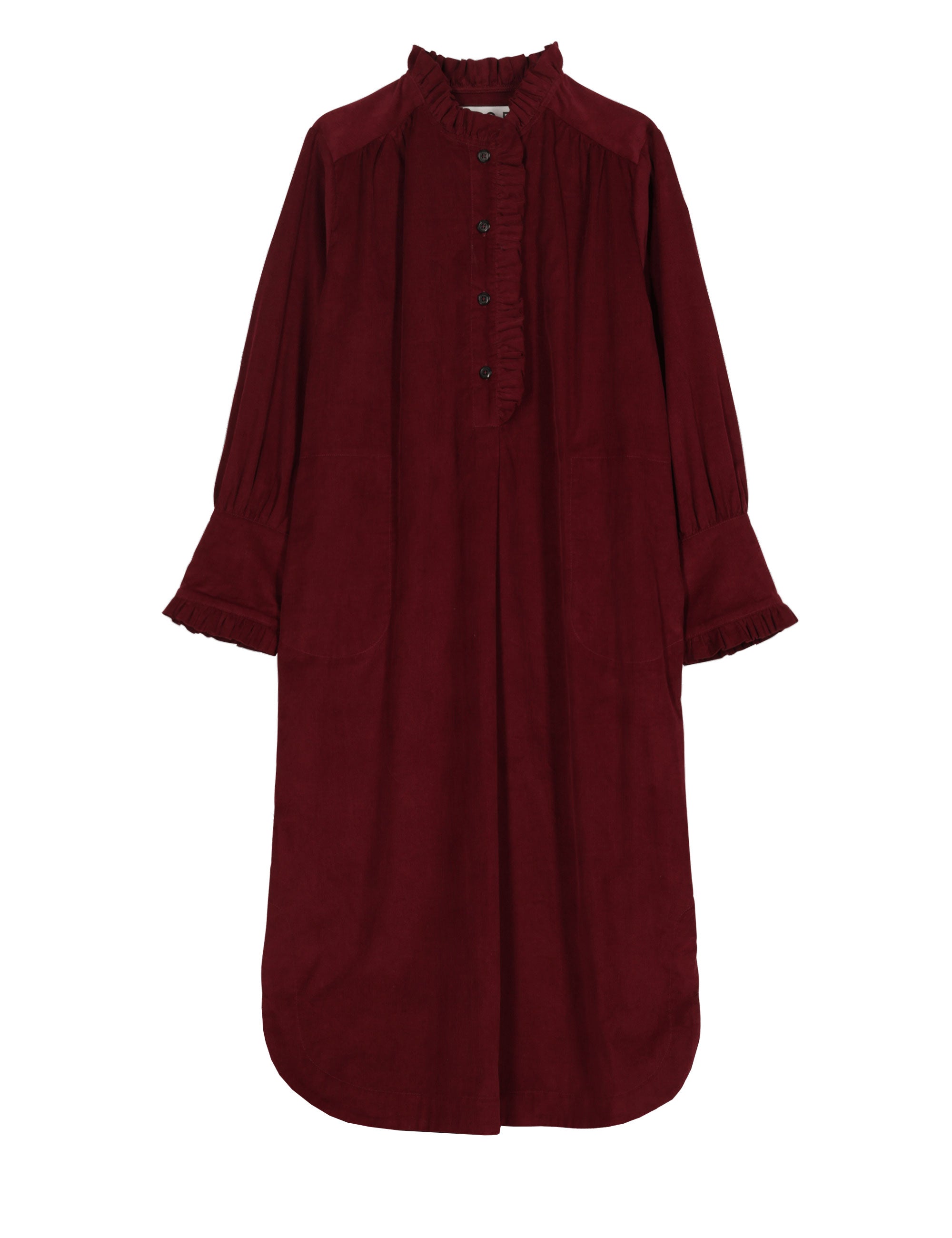 Bordeaux red corduroy dress with buttons, frills and relaxed fit