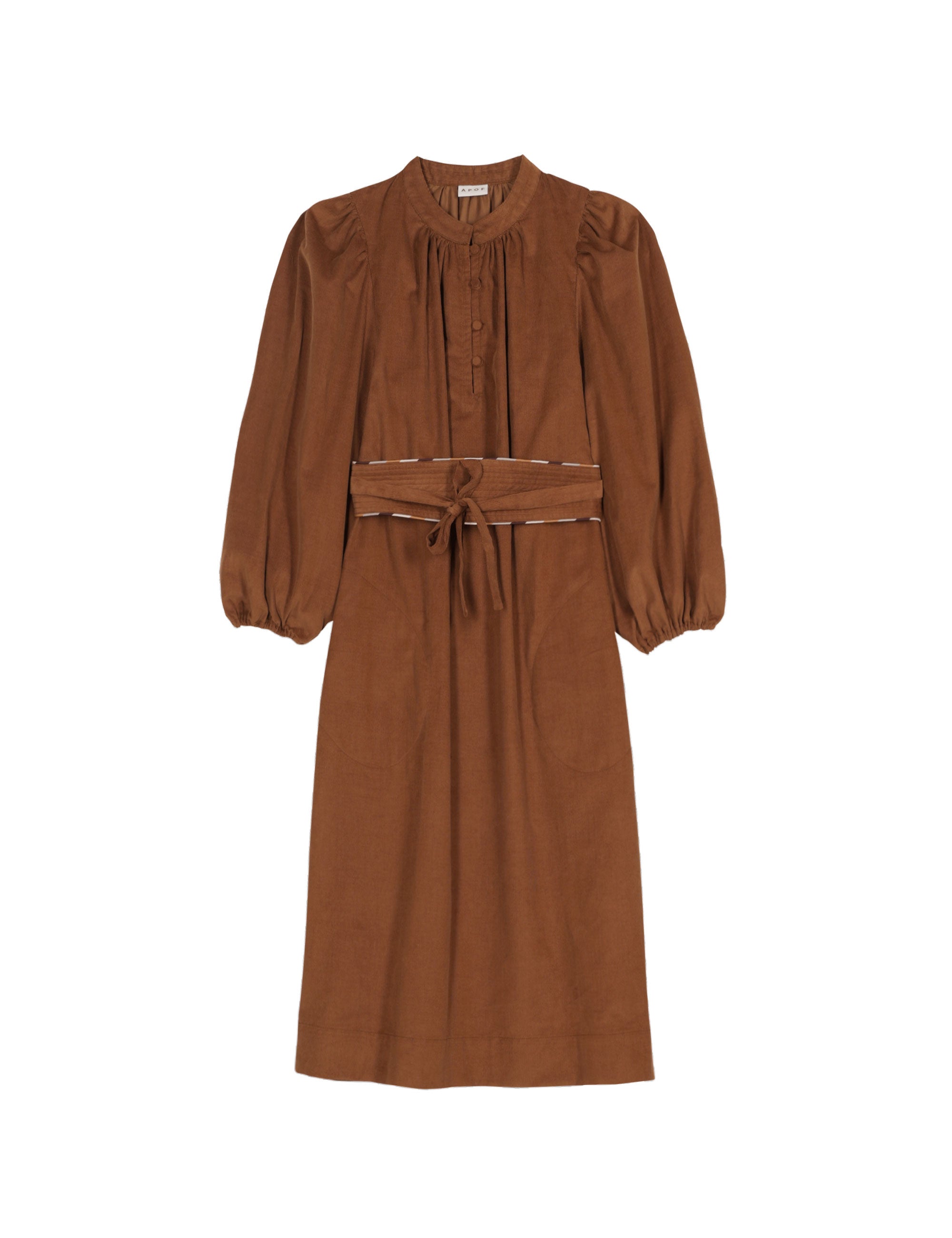 Short cognac brown baby corduroy dress with long sleeves and matching belt