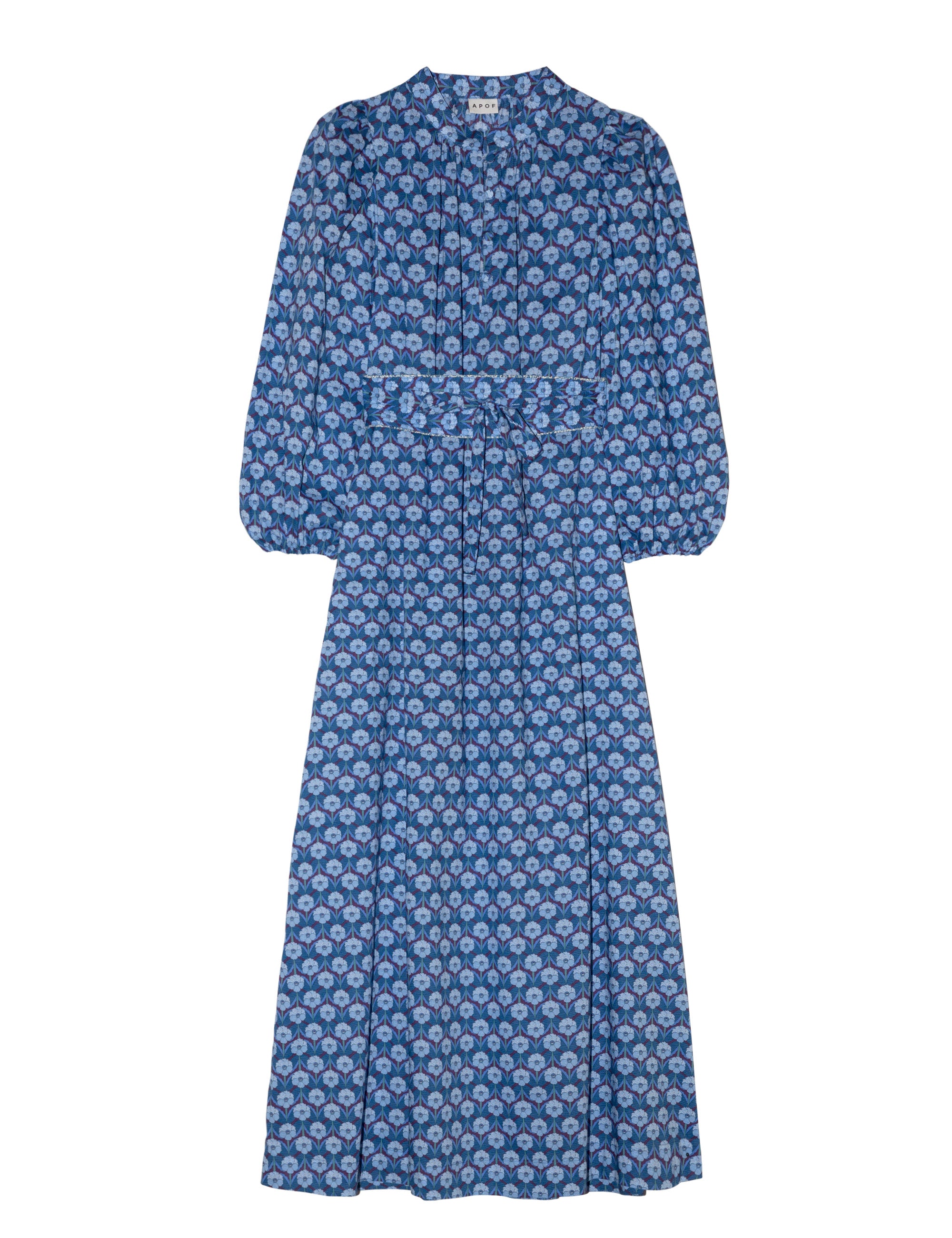 Liberty cotton blue floral print maxi dress with long puffed sleeves and matching belt