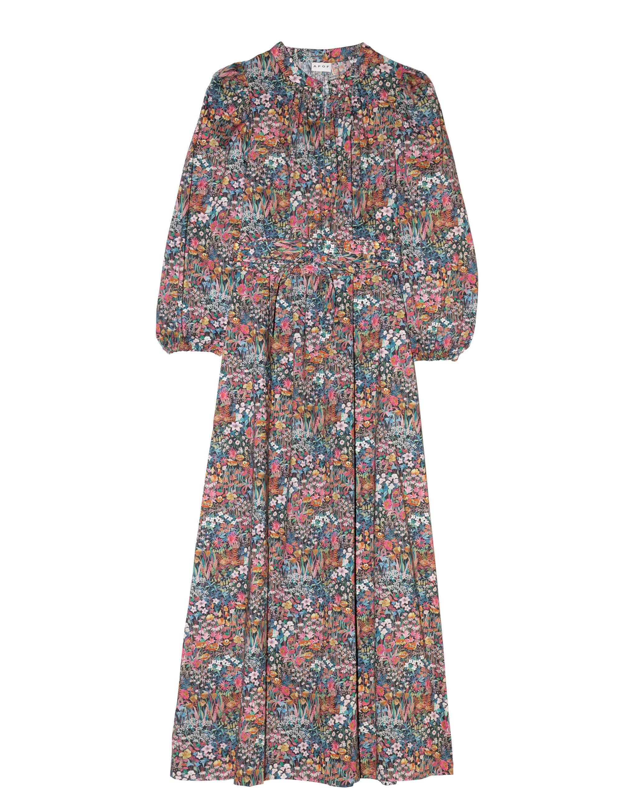 Liberty cotton multi-colored floral print maxi dress with long puffed sleeves and matching belt