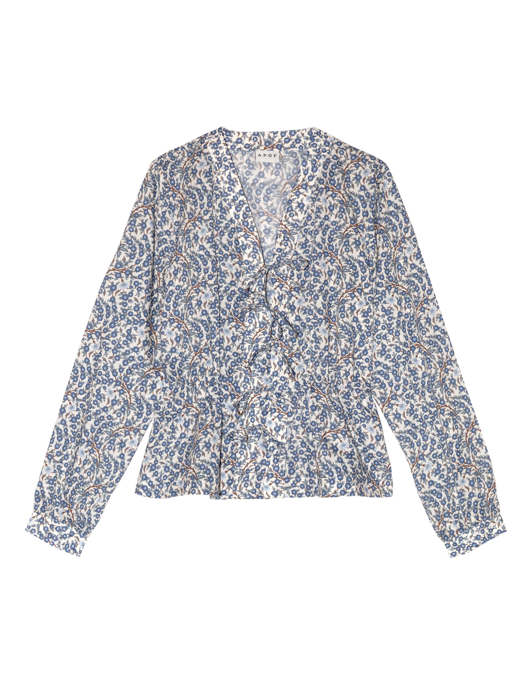 Liberty cotton blue and white floral print blouse with v-neck and long sleeves with cuffs