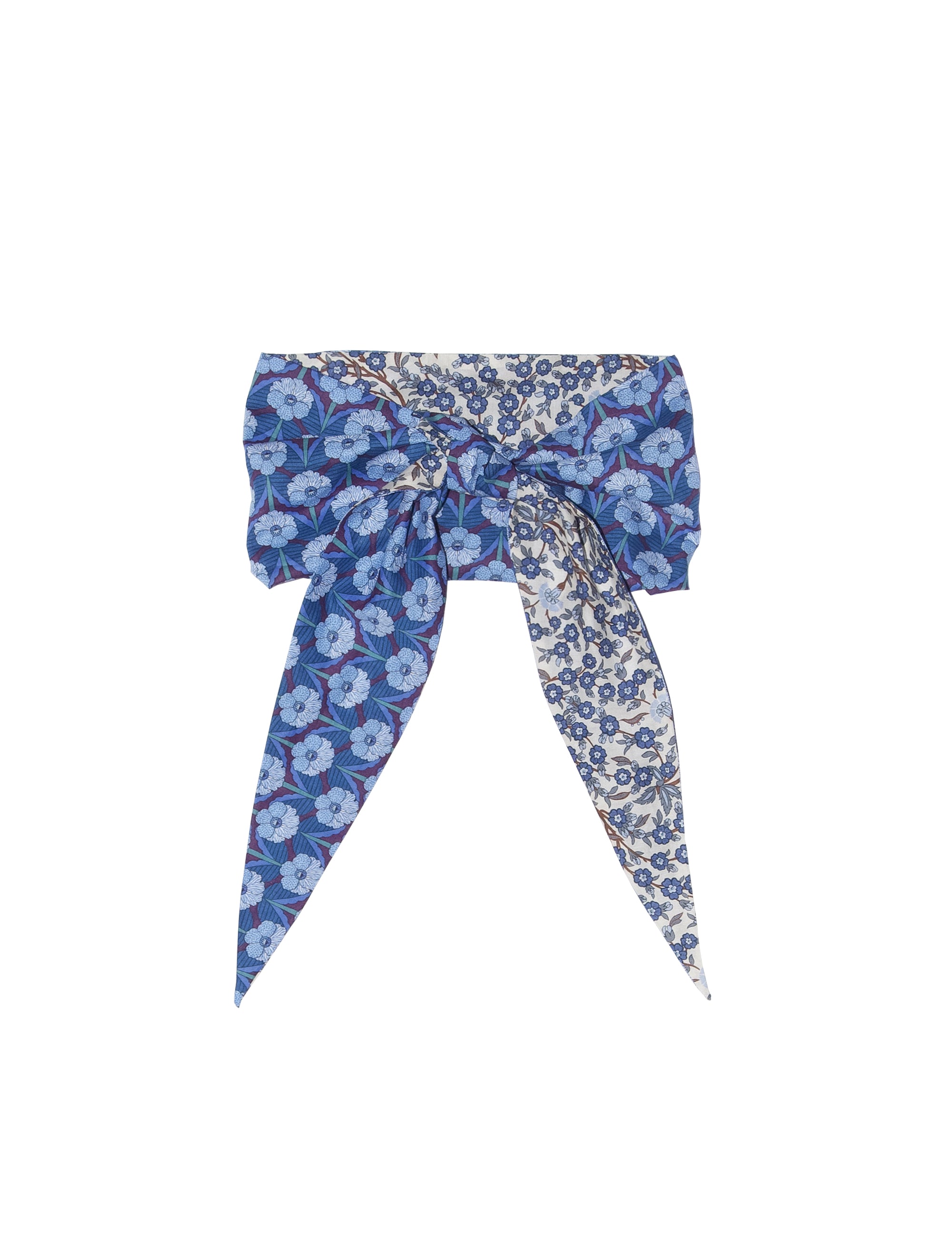 Blue and white floral patterned bandana with two different patterns tied with a knot