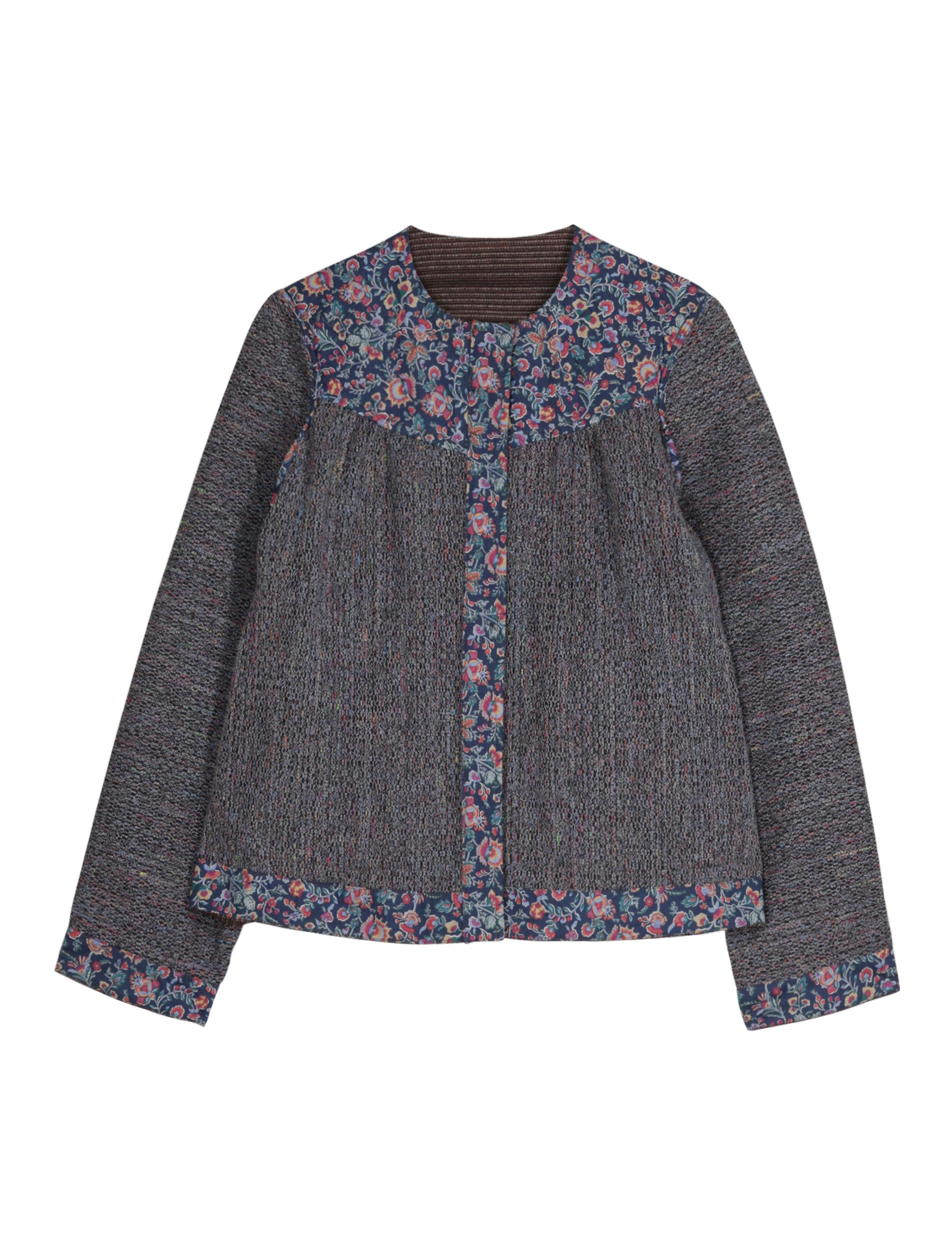 Women's blue stright jacket with pink and blue floral details