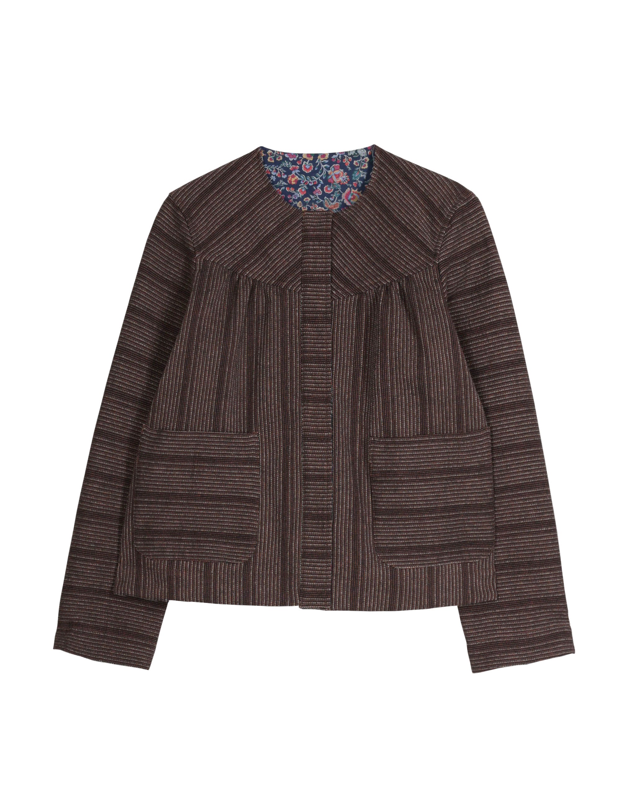 Women's brown striped jacket with pockets and large buttons
