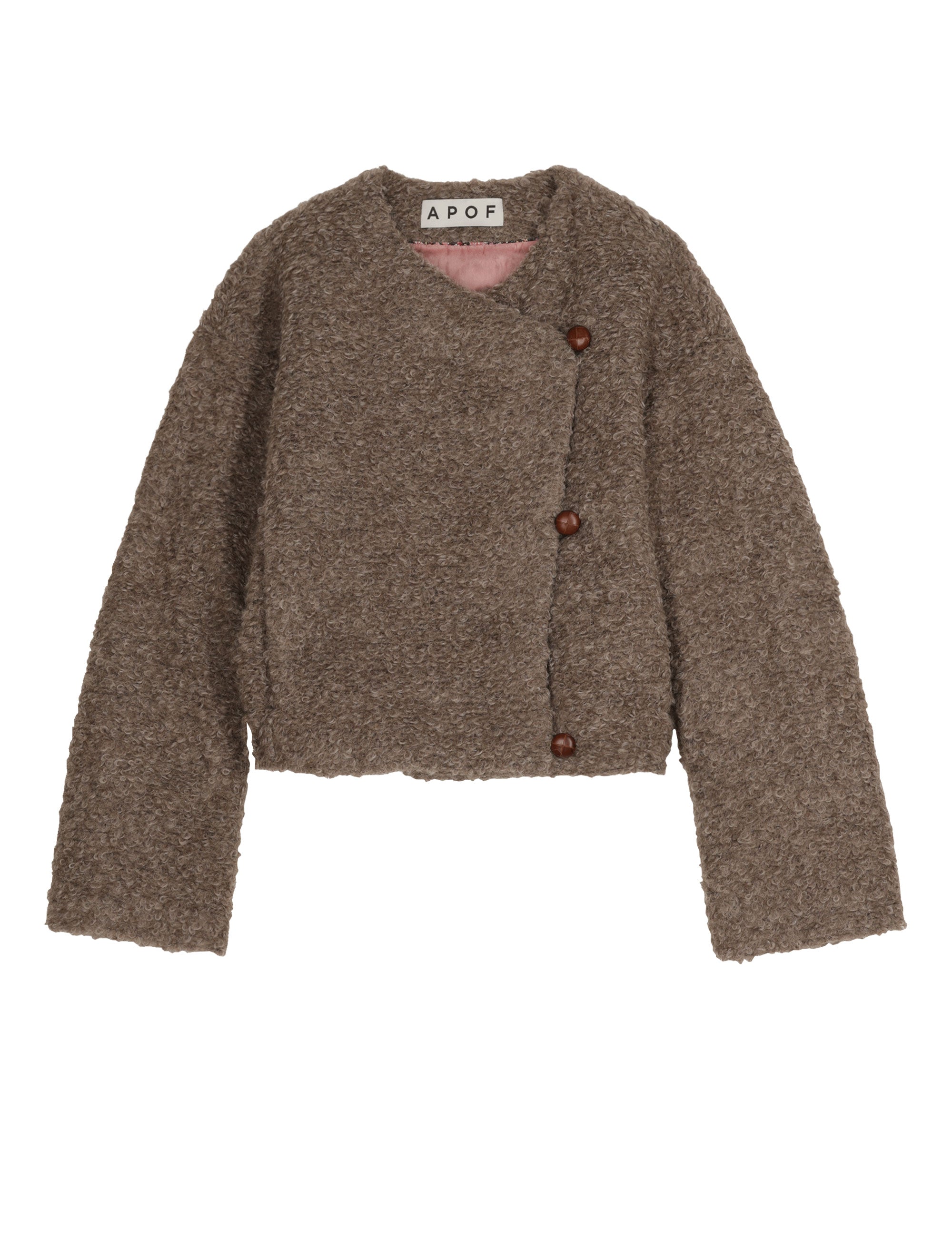Women's short wool jacket with assymetric design 3 buttons and a bubbly texture