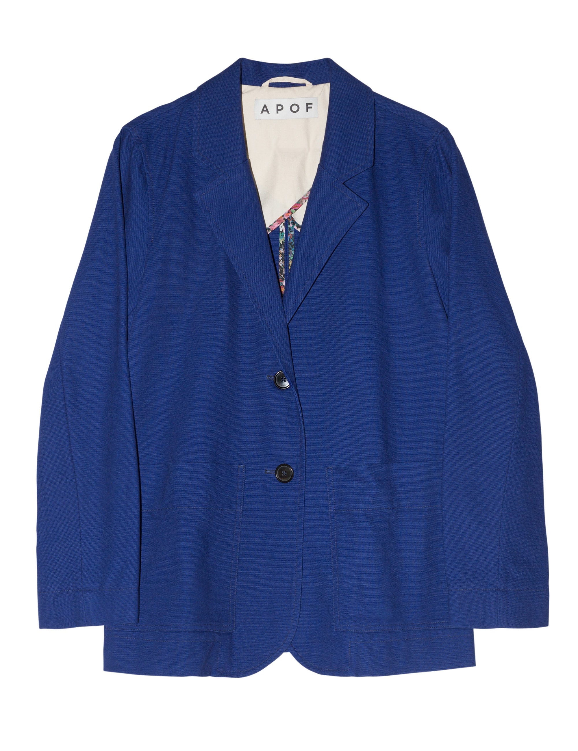 Women's indigo blue canvas jacket with buttons and pockets