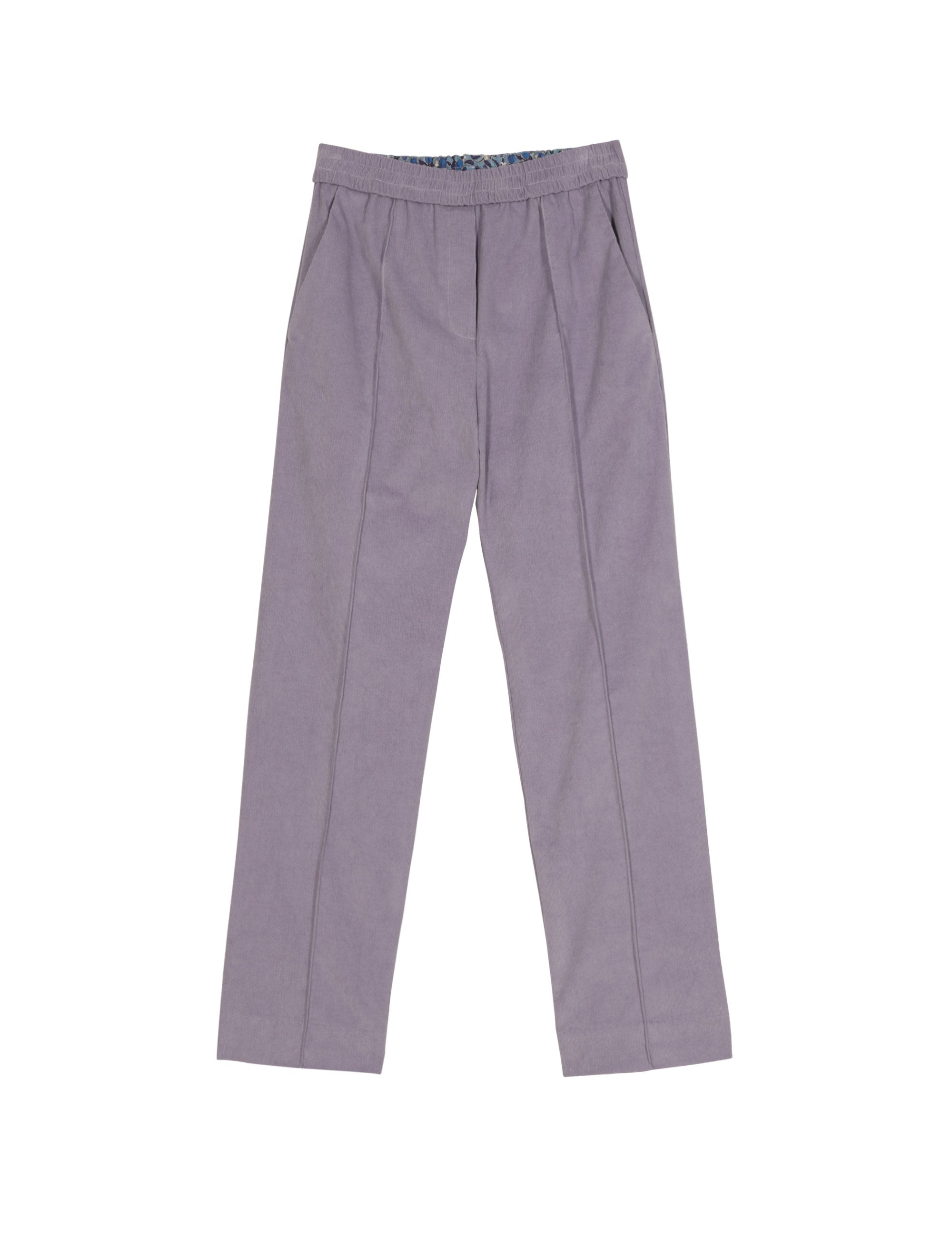 Flat lay of lavender straight-leg trousers with elastic waistband