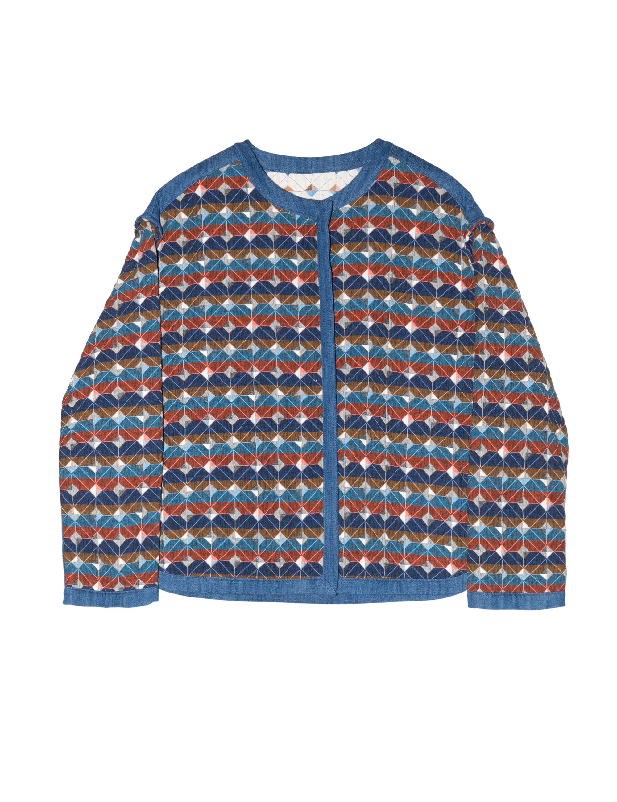 Check print multi-colored women's quilted jacket with long sleeves, buttons and blue pipings