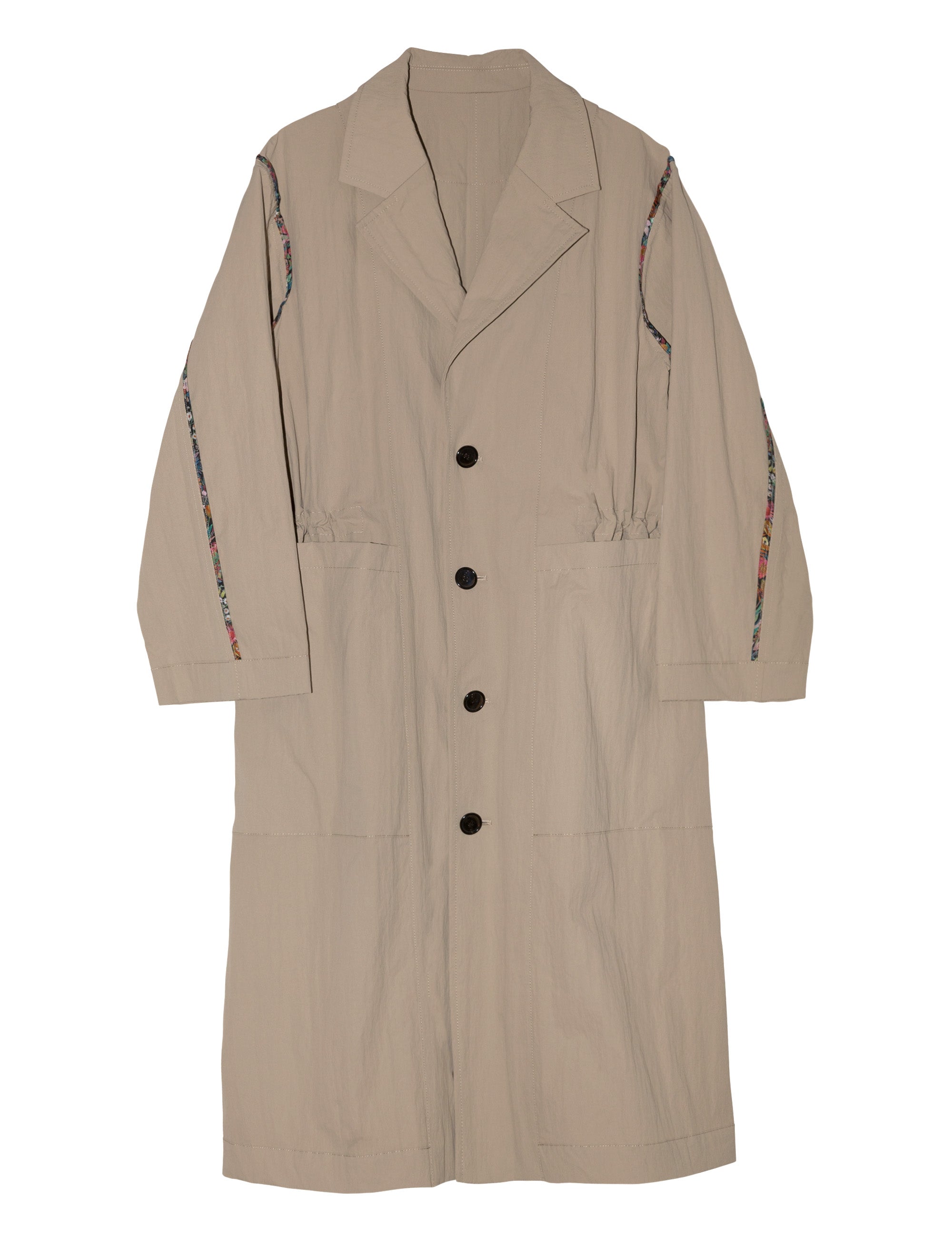 Women's long khaki coat with buttons, large pockets and floral print pipings