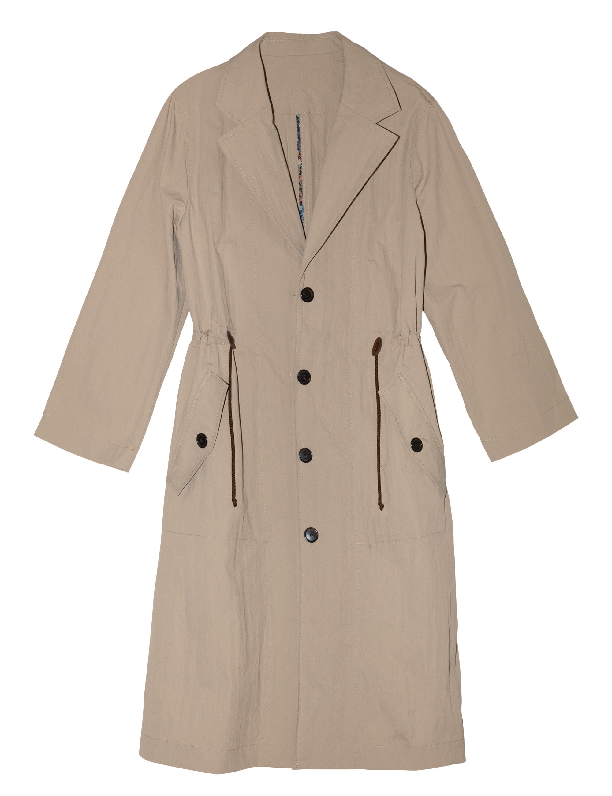 Women's long khaki coat with buttons, large pockets and floral print pipings