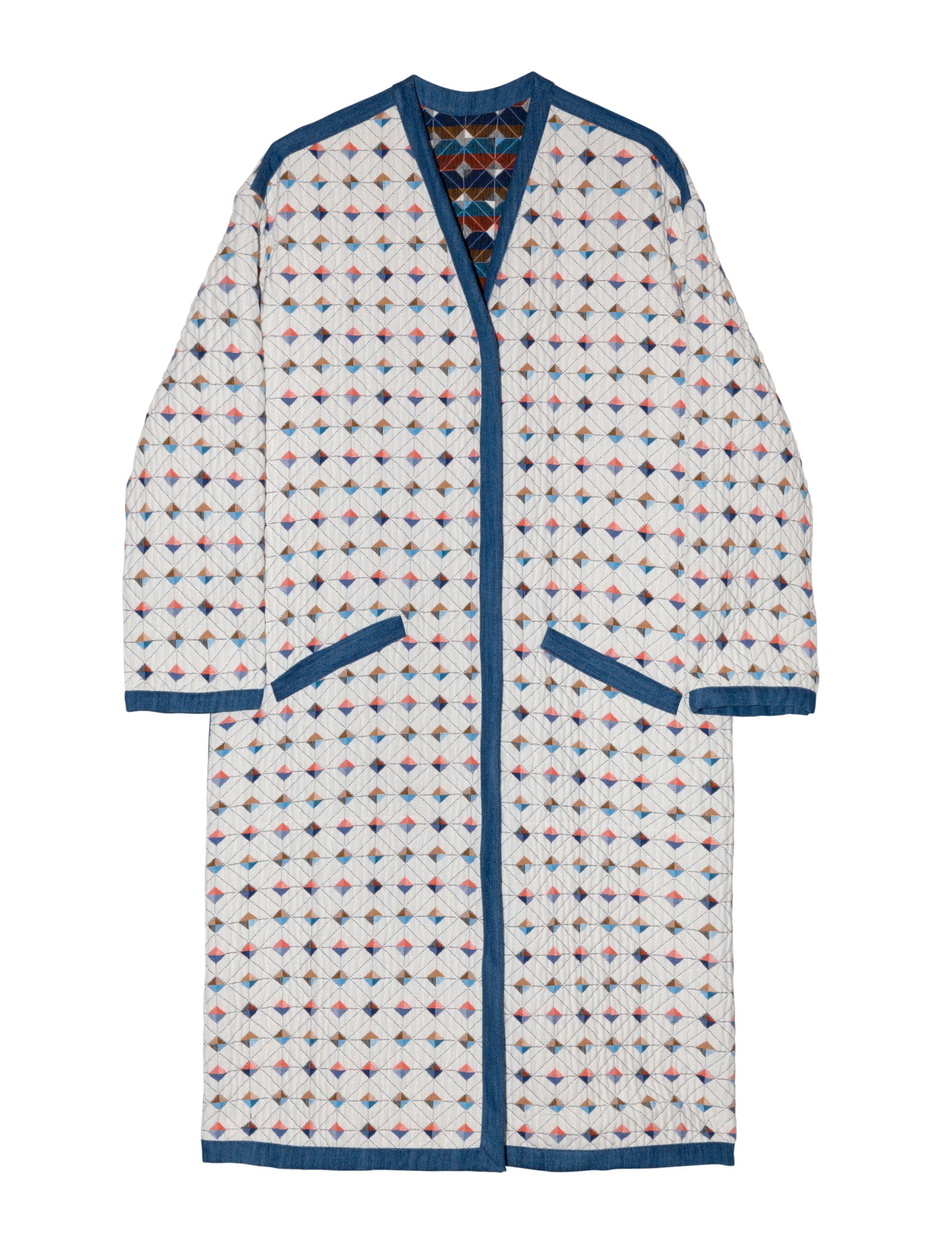 Reversible white women's quilted coat with multi-colored check print, blue pipings and pockets