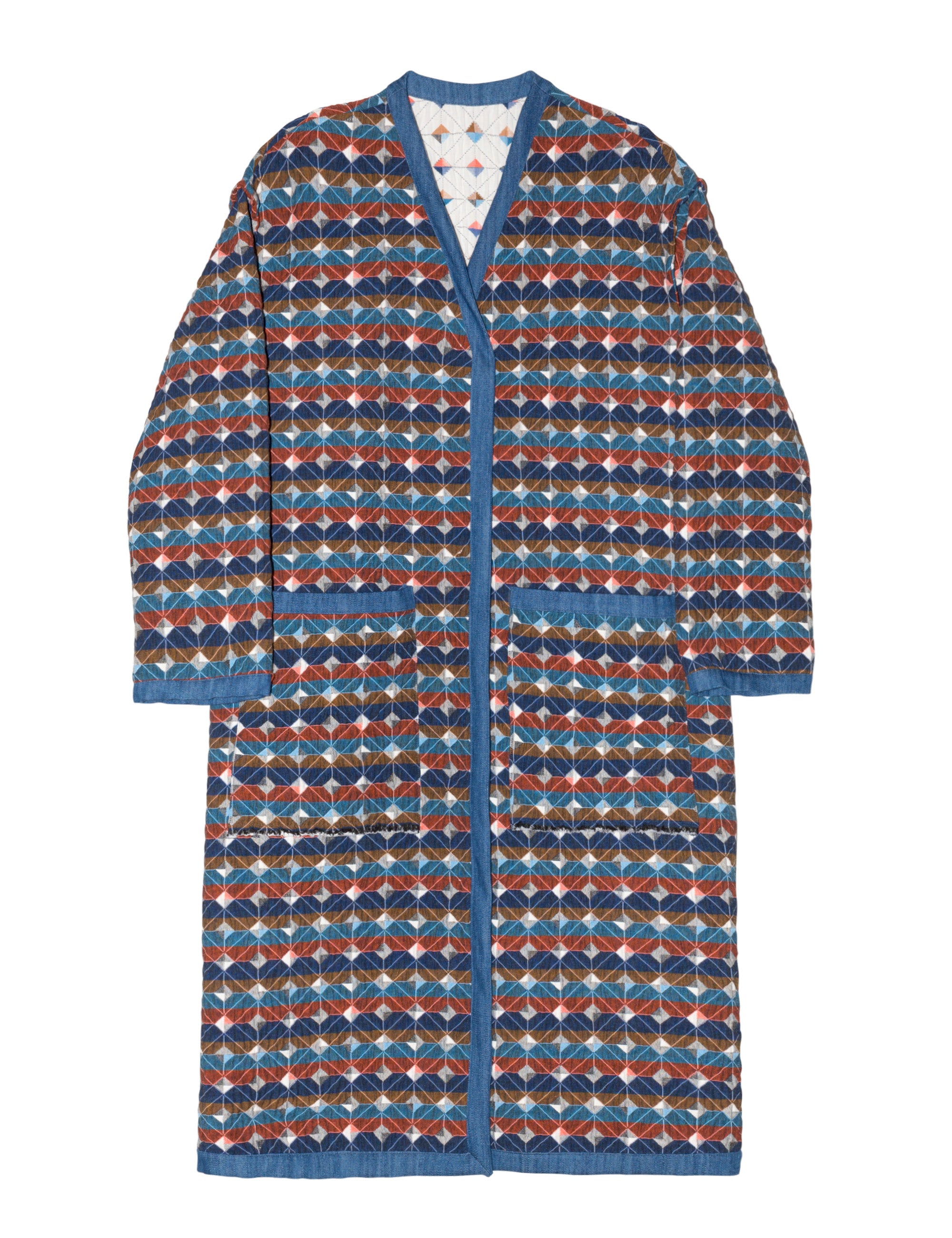 Multi colored check print women's coat with blue pipings and large pockets