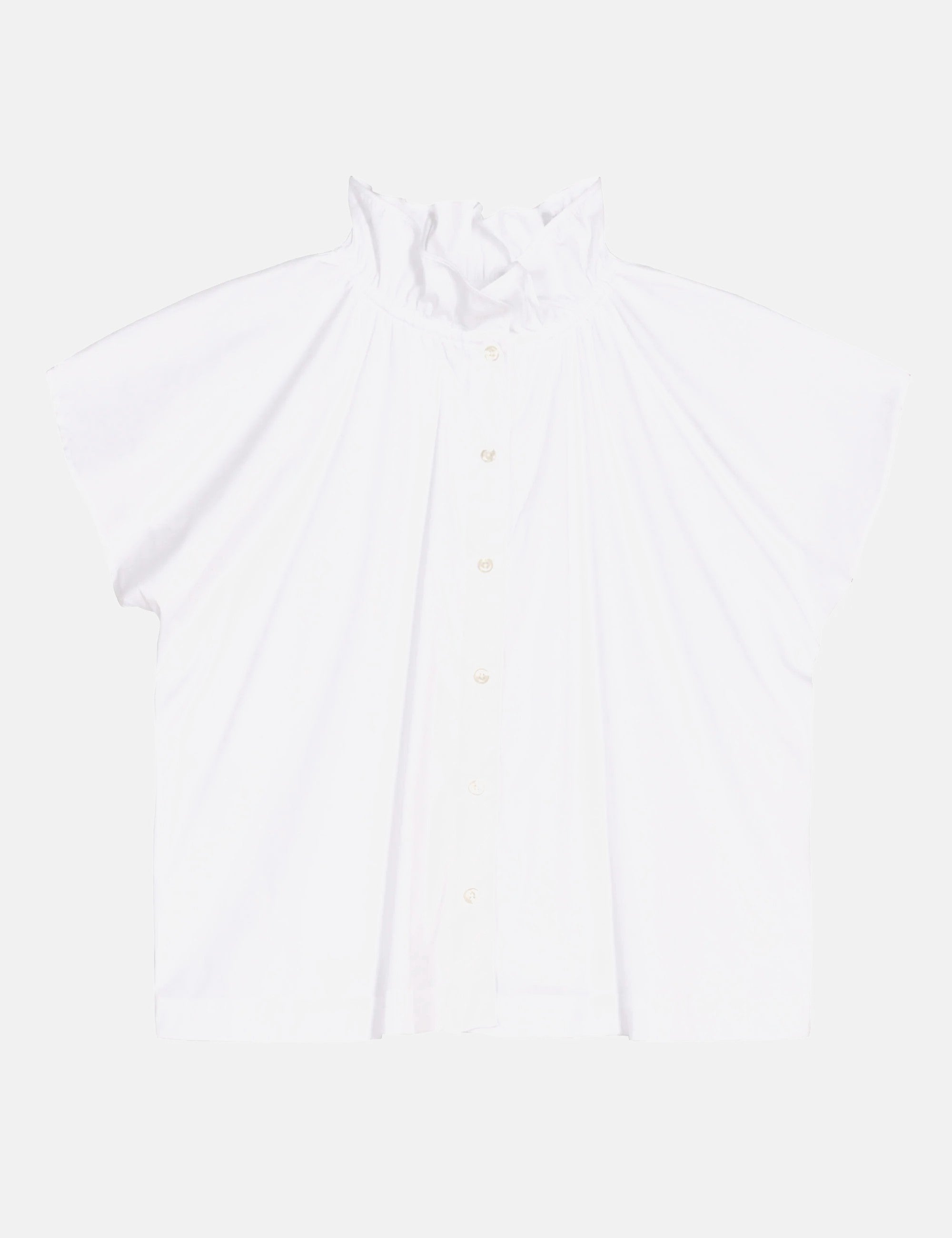 White sleeveless top in Liberty cotton with buttons and frilled stand collar