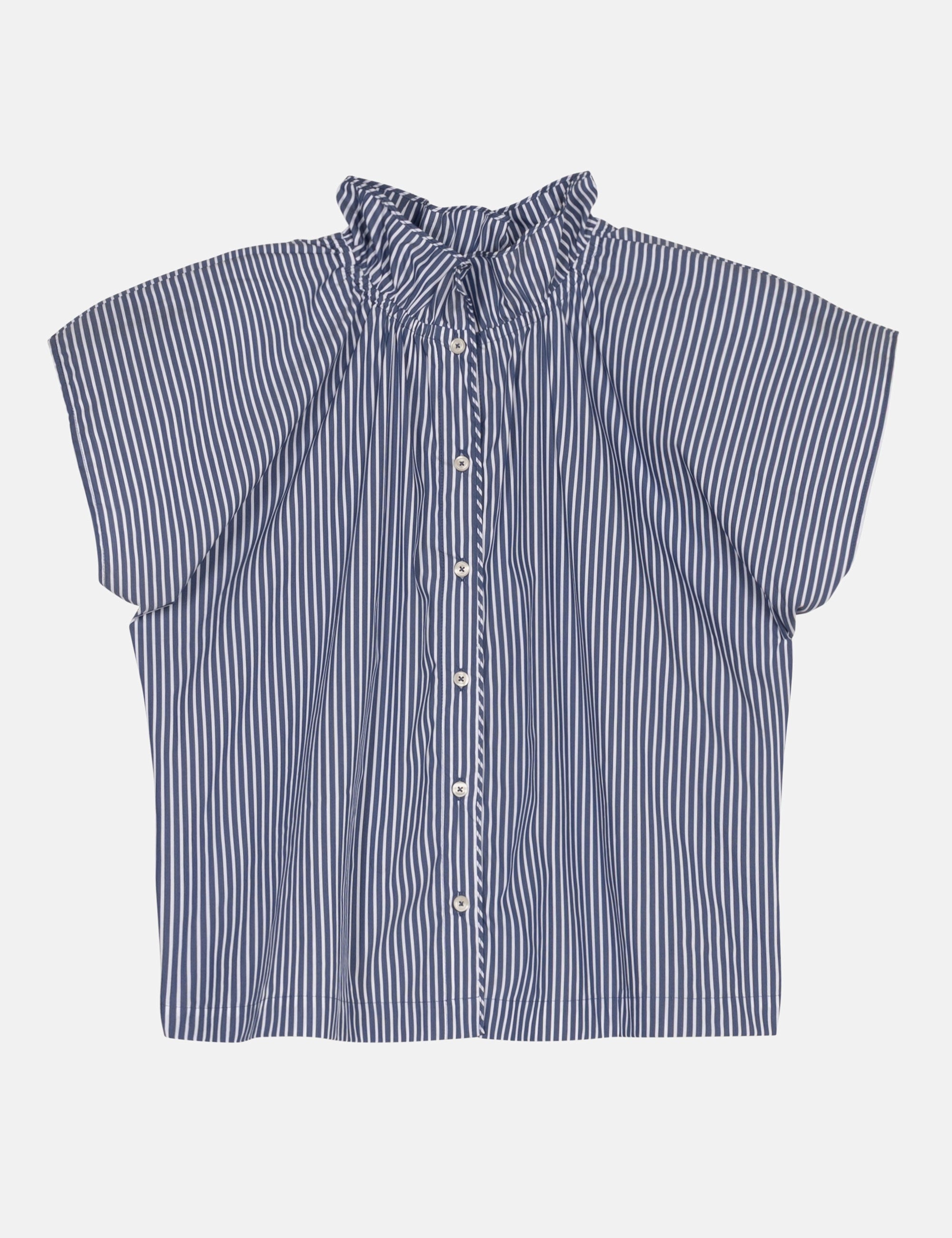 Blue and white striped blouse with a ruffled collar