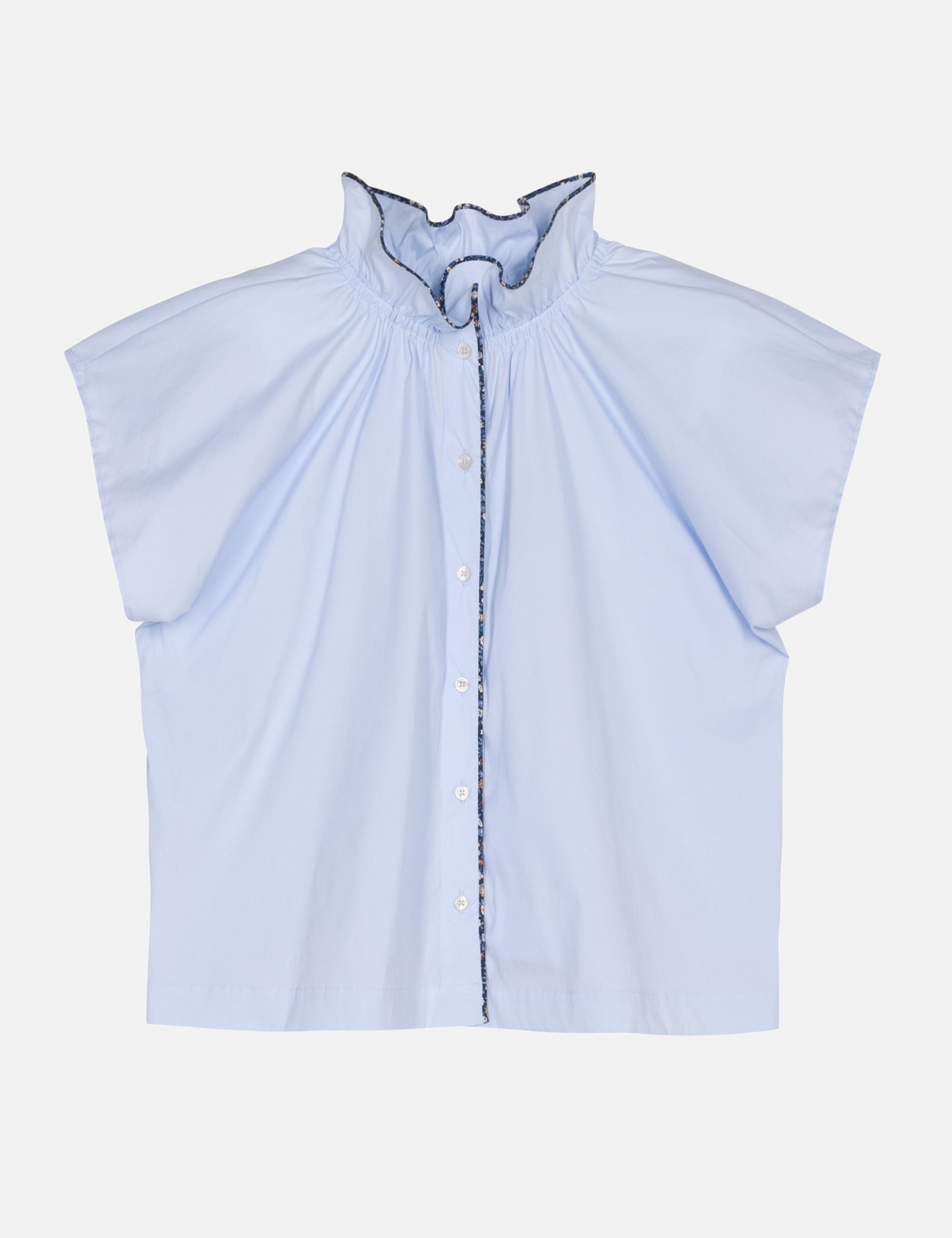 Light blue sleeveless blouse with ruffled collar, buttons and blue lining