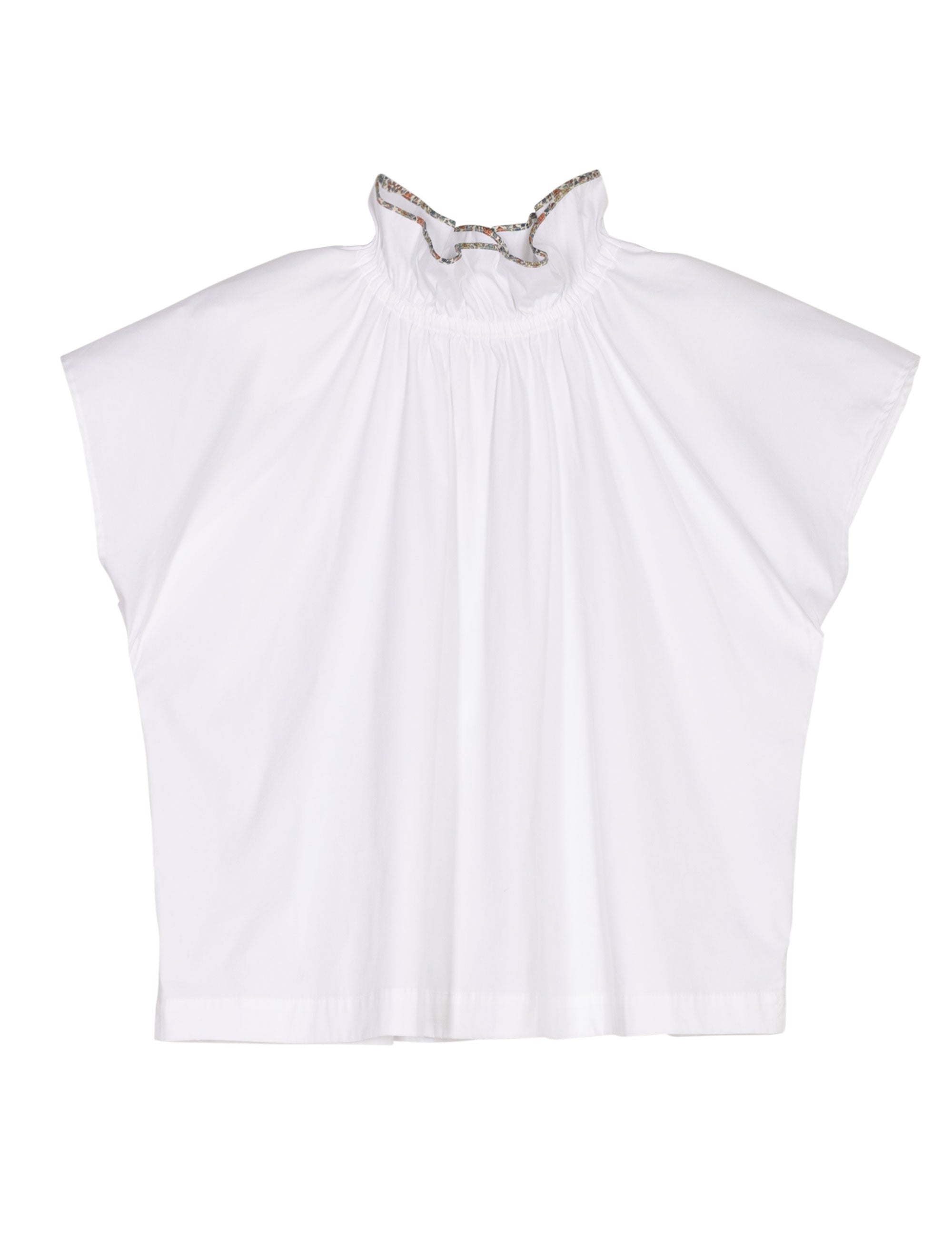 White sleeveless top with ruffled collar on a white background