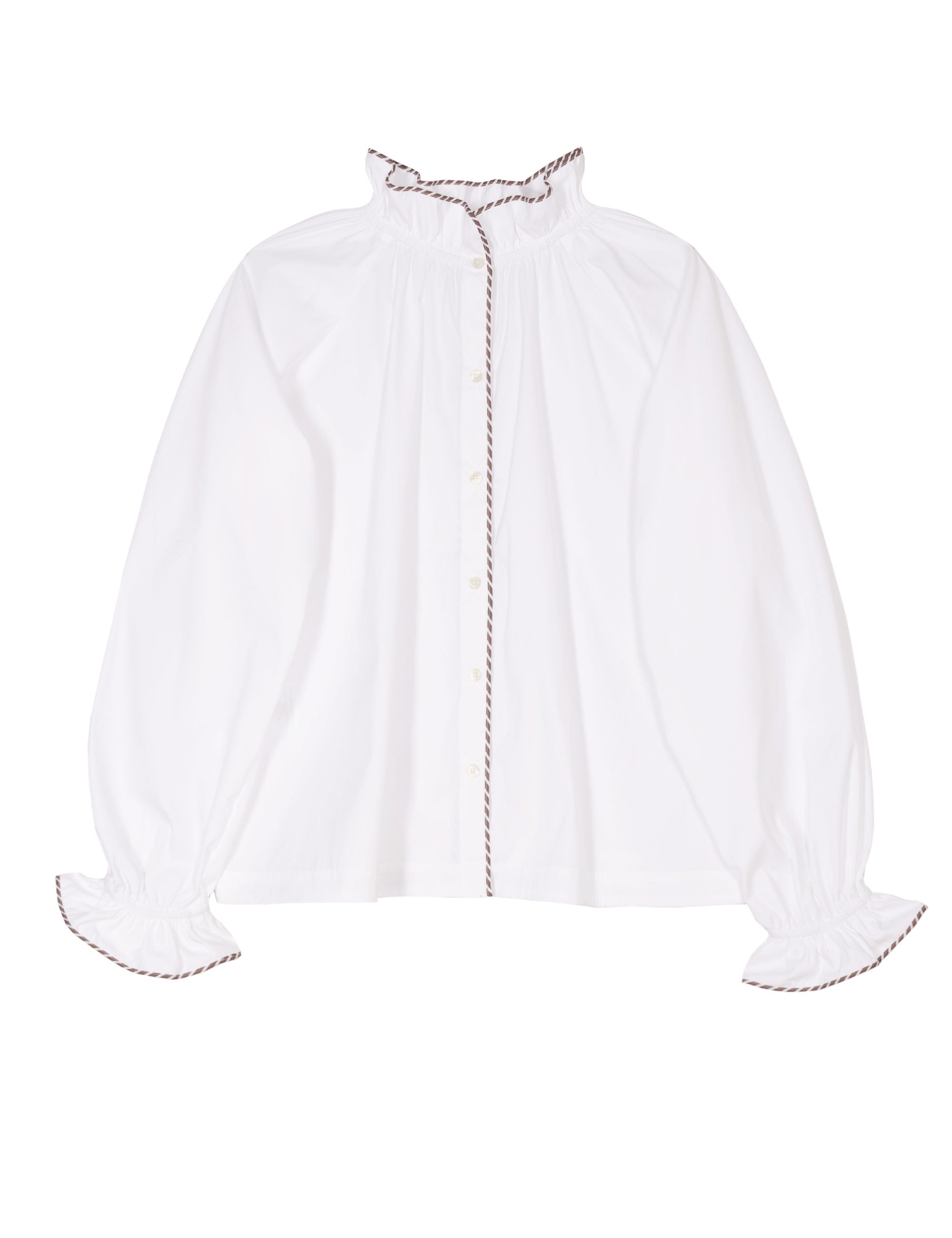 White women's shirt with long sleeves, stand collar, buttons and striped pipings