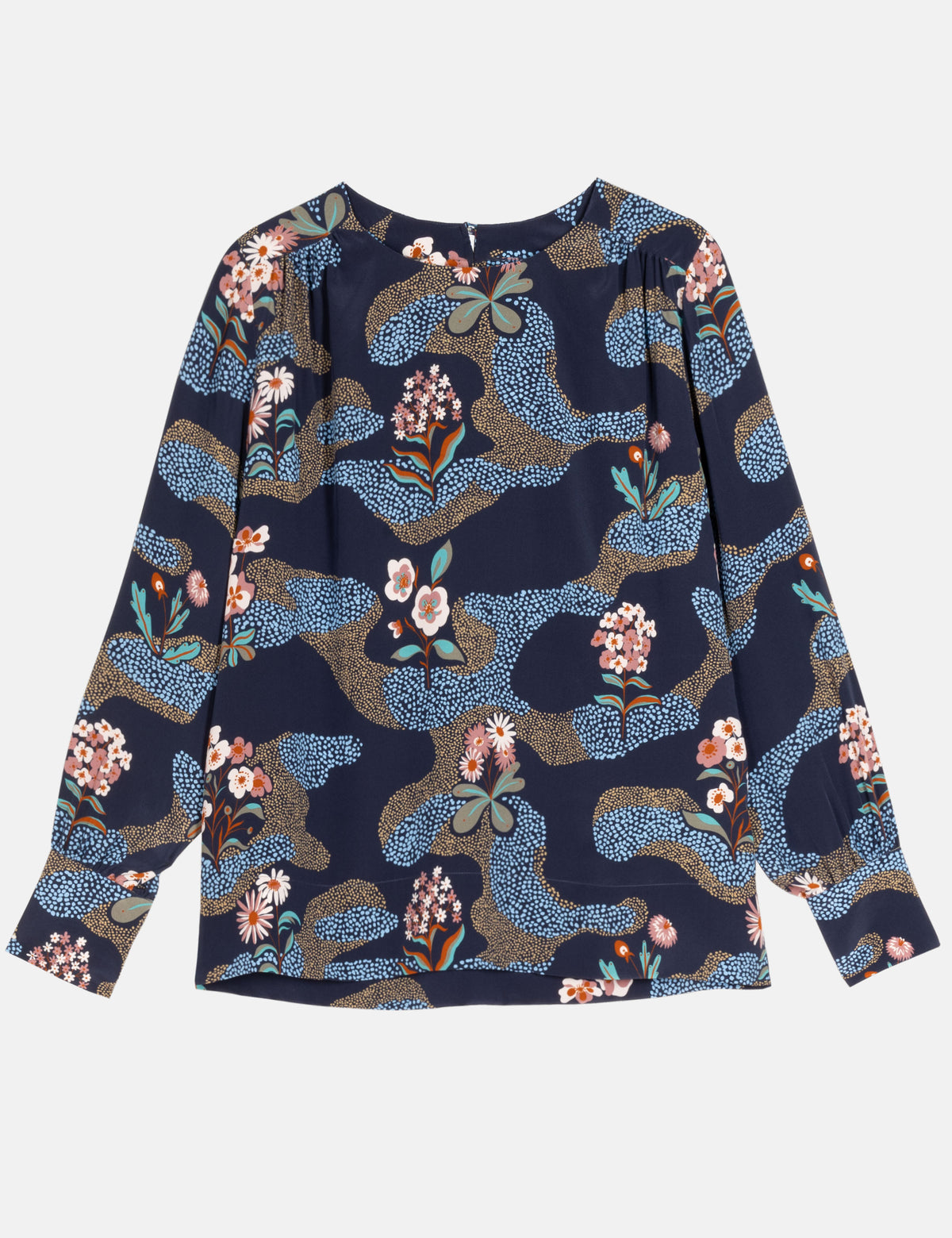 Navy long-sleeve blouse with colorful floral and butterfly print, crew neck