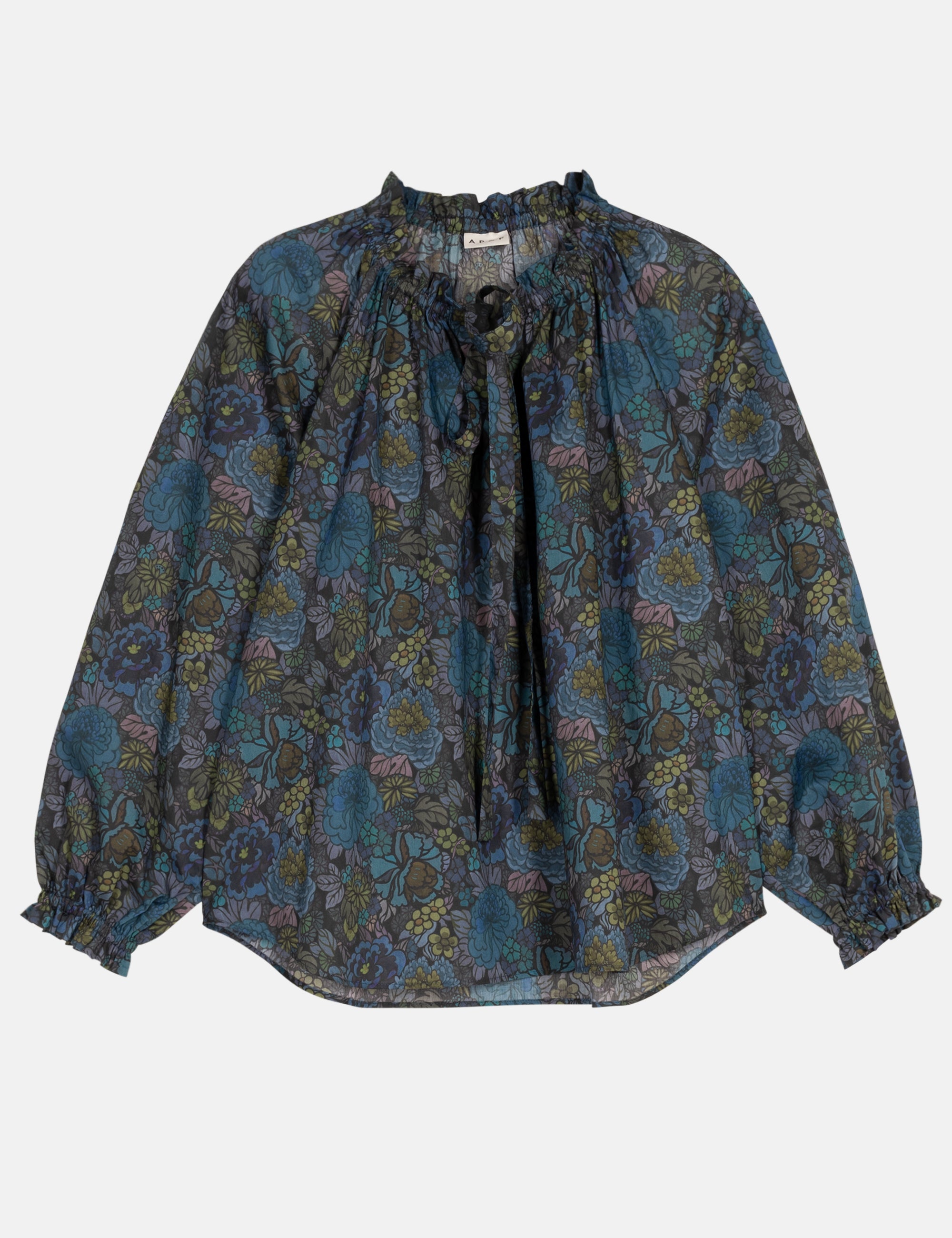 Blue and green floral patterned blouse with bow and frills on a white background