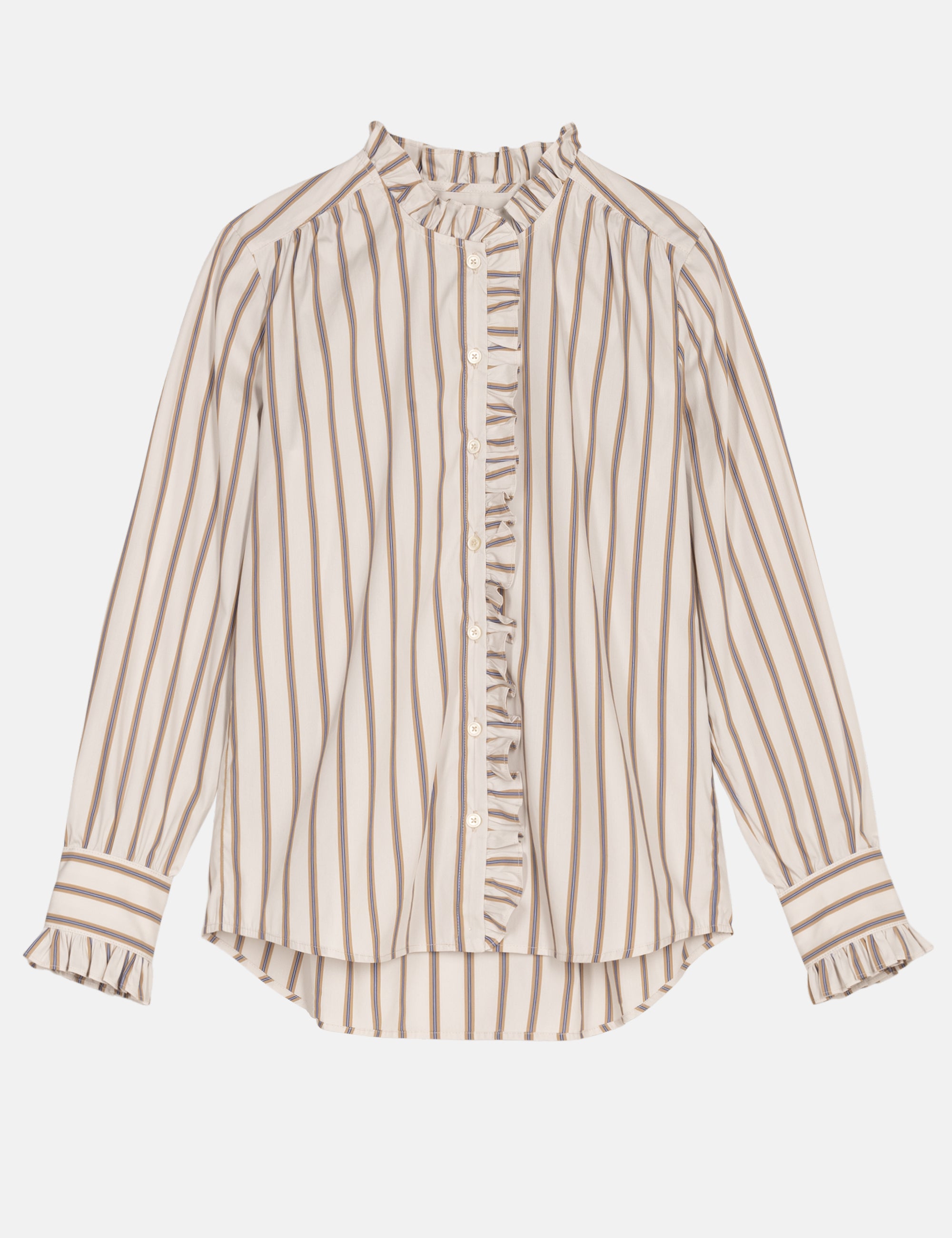Striped blouse with ruffled details on a white background