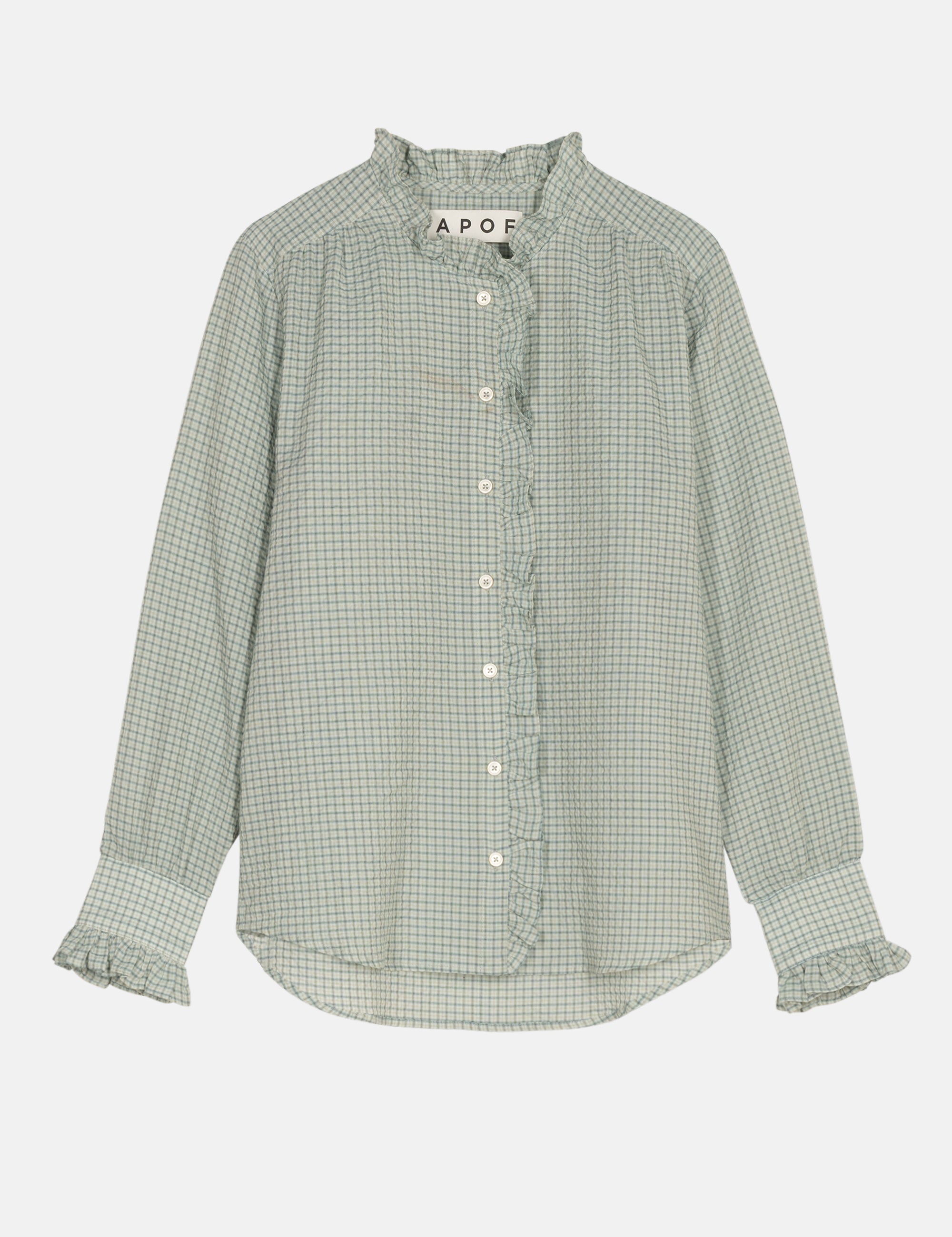 Green checkered women's shirt with ruffles on a white background