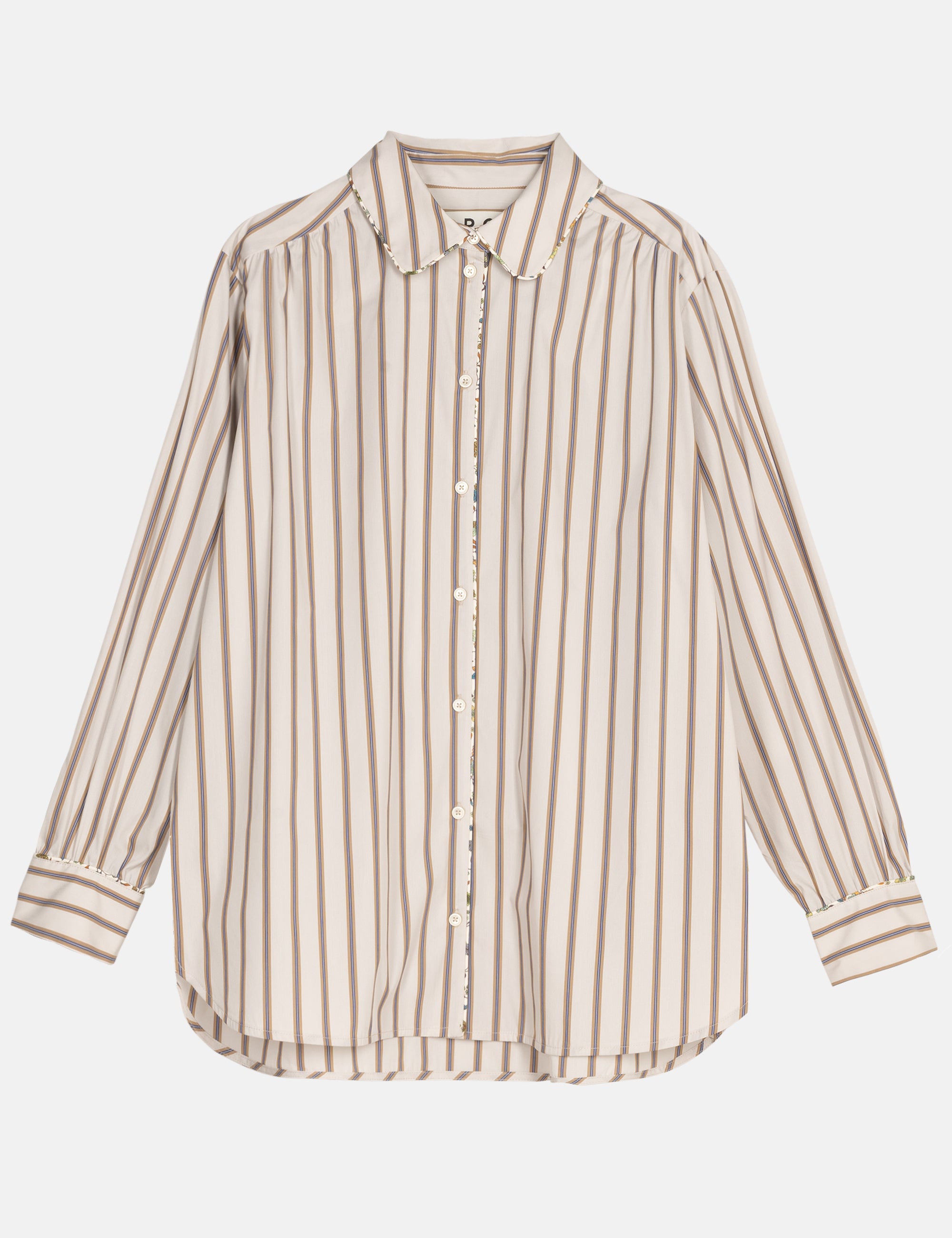 Beige and white striped women's shirt on a light gray background