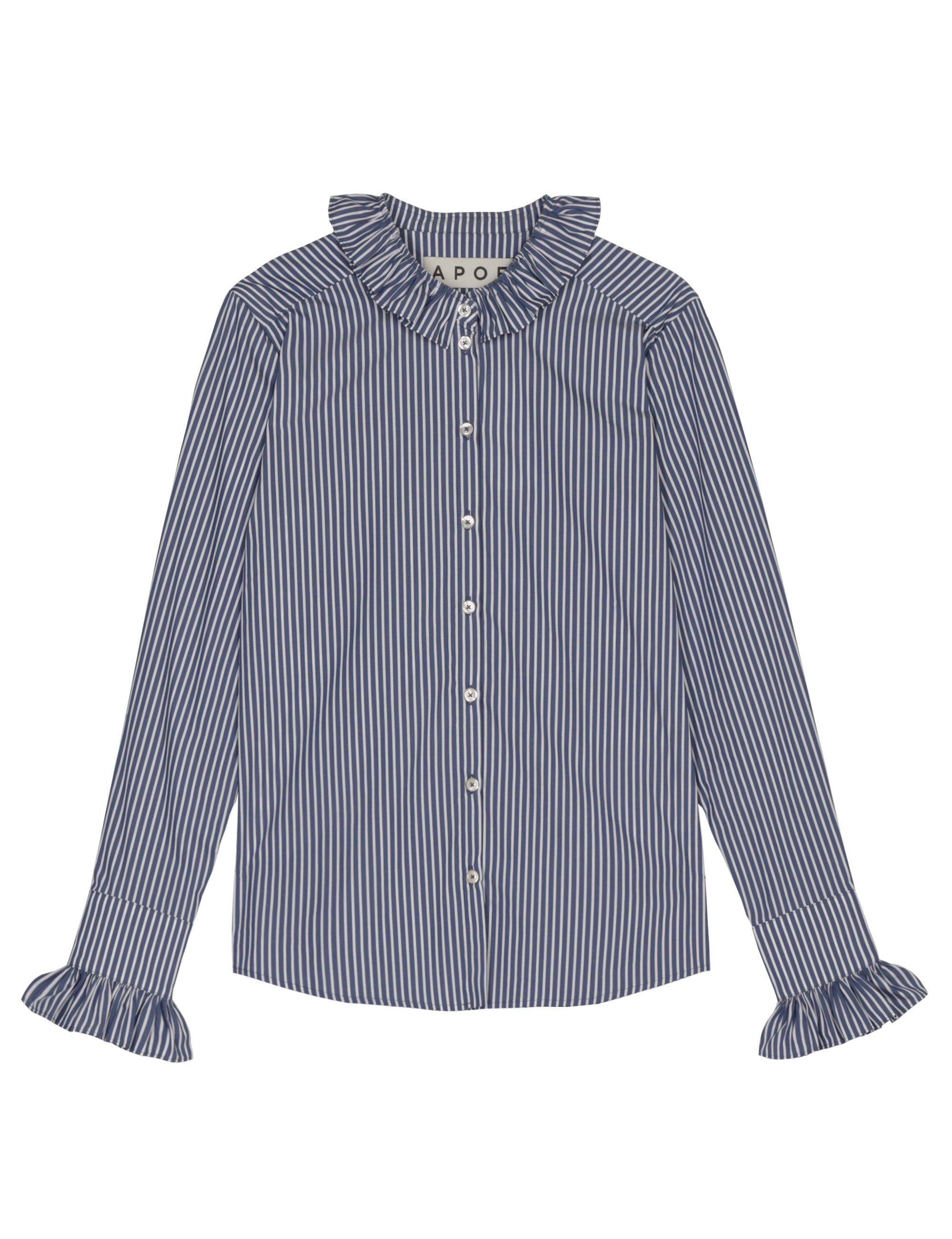 Blue and white striped women's shirt with frilled collar and cuffs
