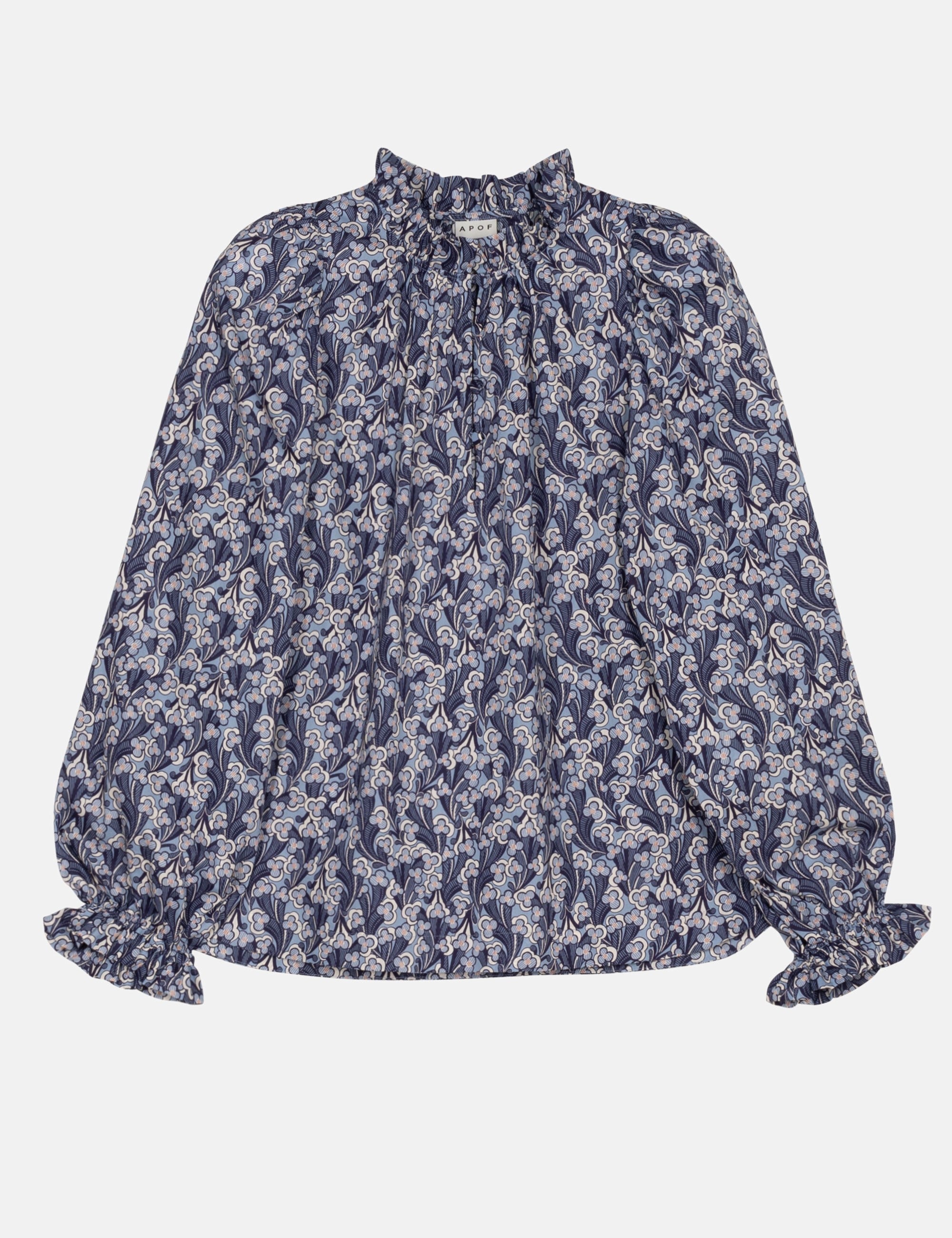 Blue floral blouse with puff sleeves, frilled cuffs and stand collar
