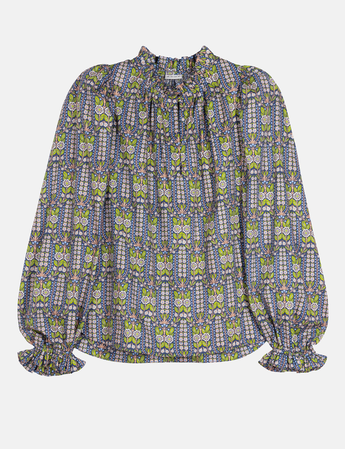 Floral patterned blouse in blue and green with gathered neckline and long puff sleeves