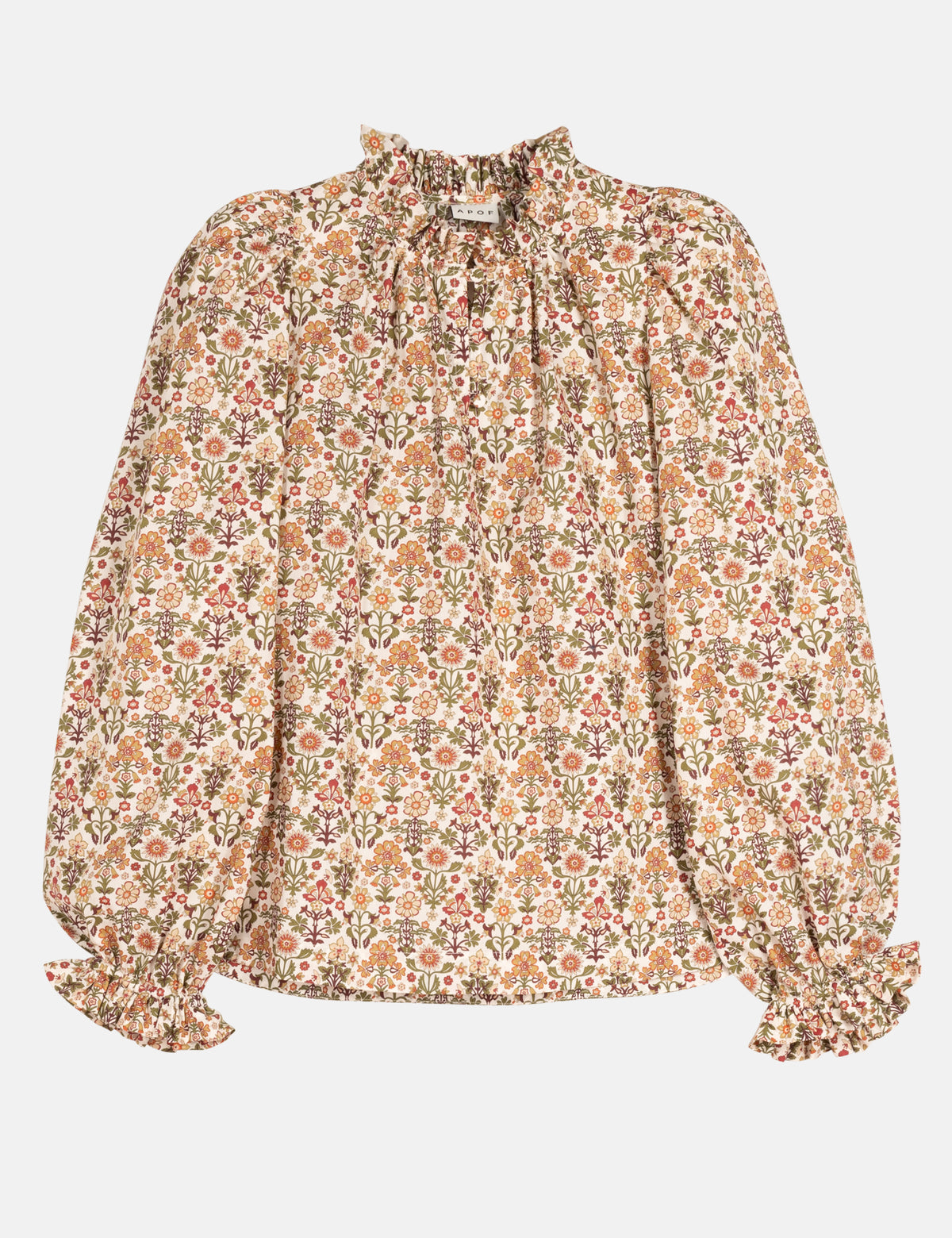 Floral print blouse with high neck, ruffle collar, and puff sleeves