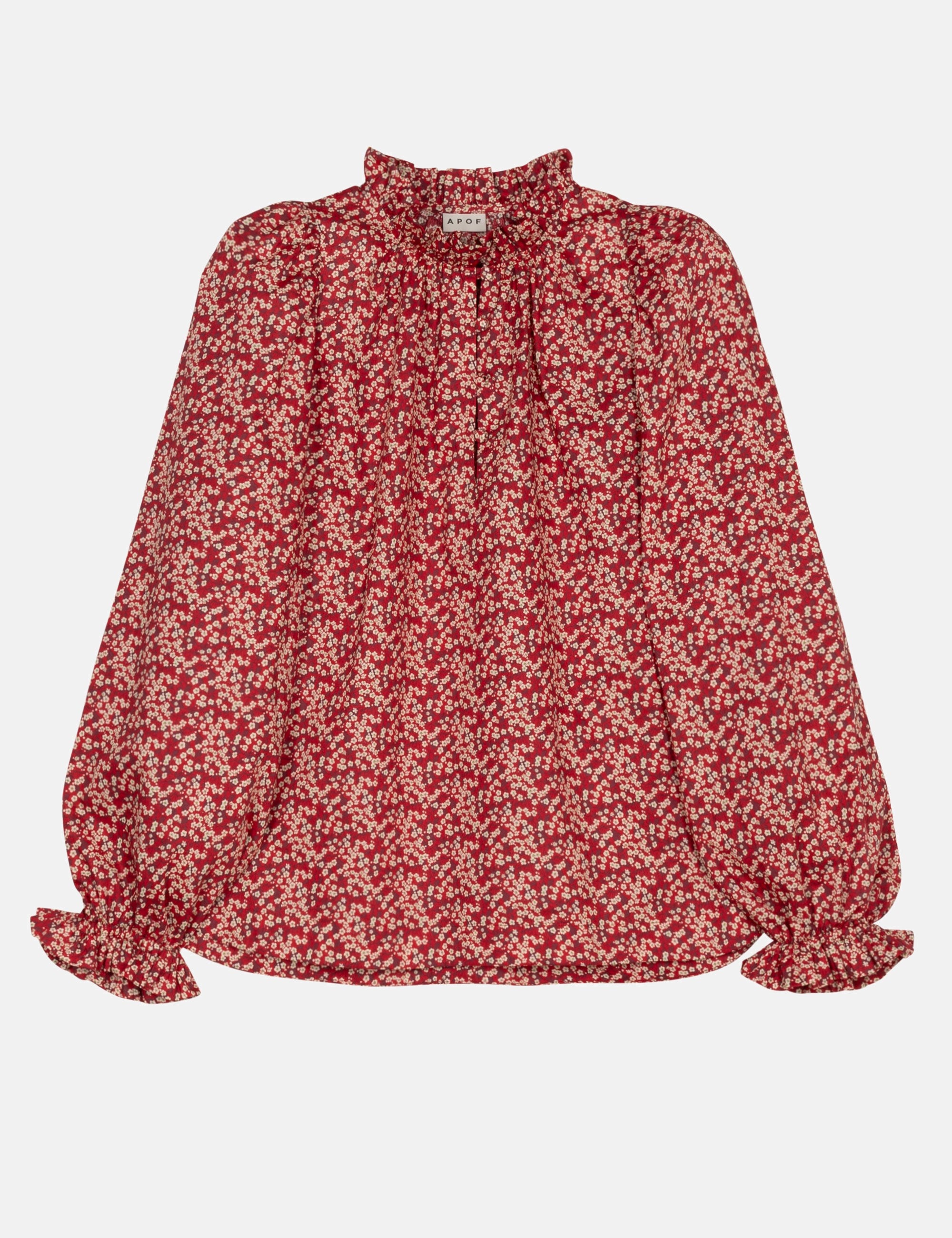 Red floral blouse with puff sleeves and frilled stand collar
