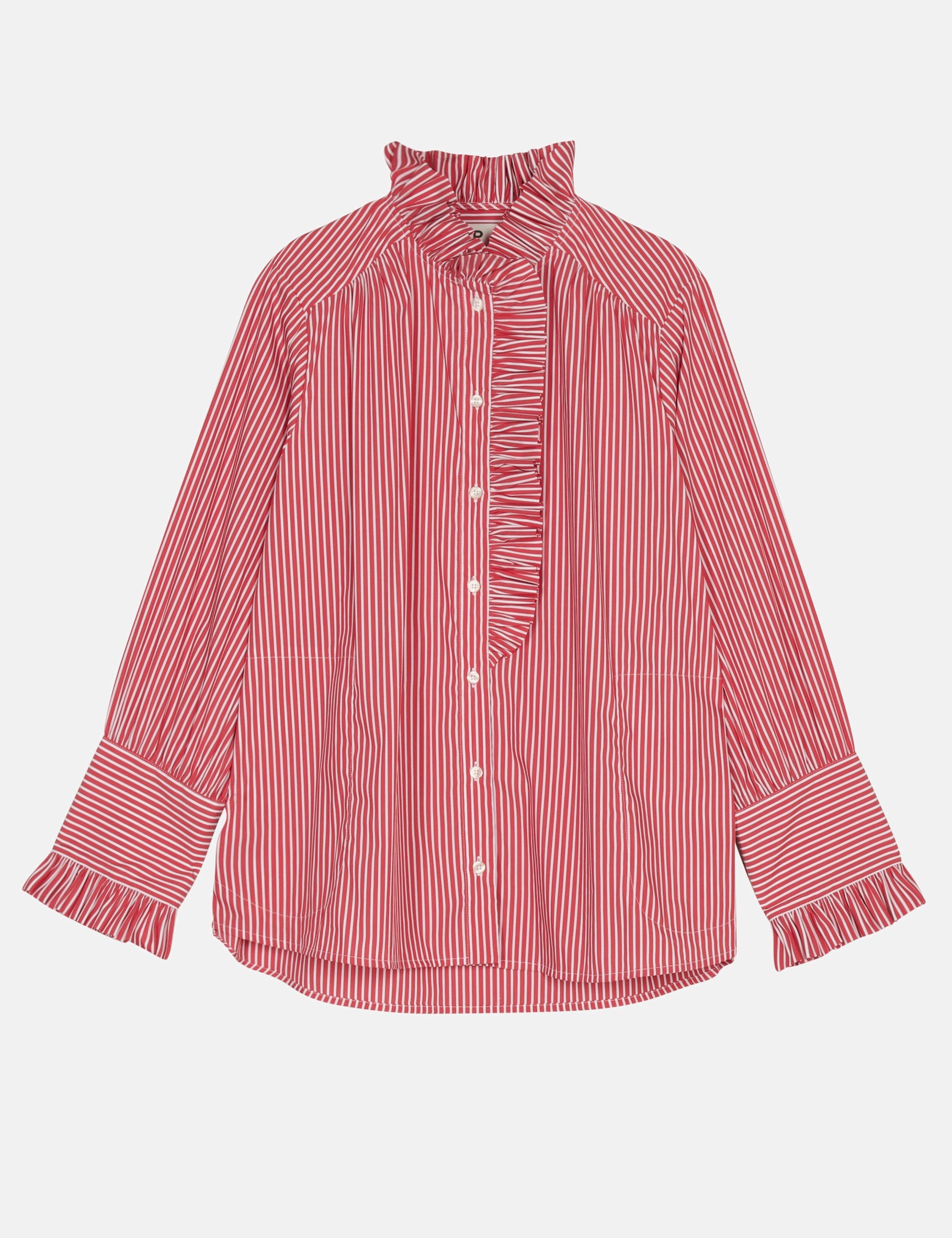 Red and white striped blouse with ruffled details and stand collar