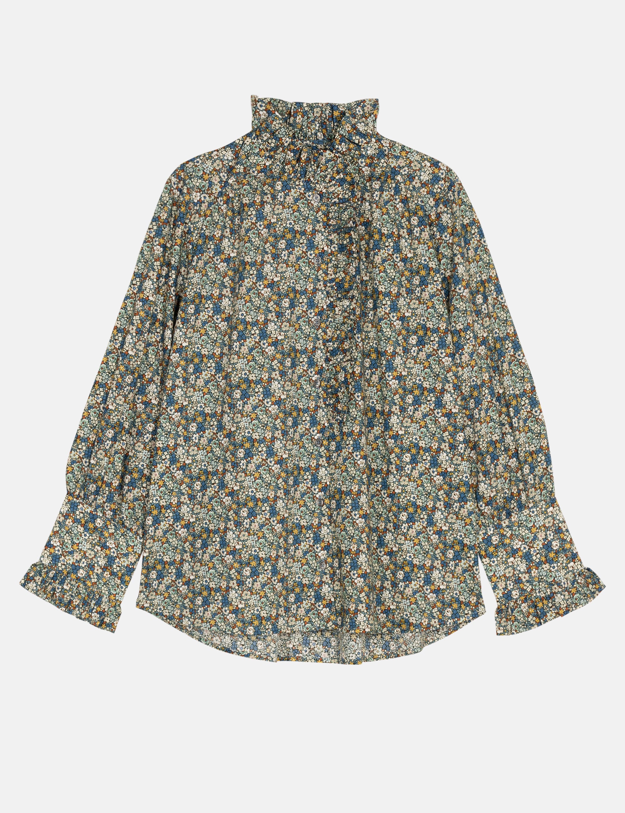 Blue and green floral patterned blouse with frill details and stand collar