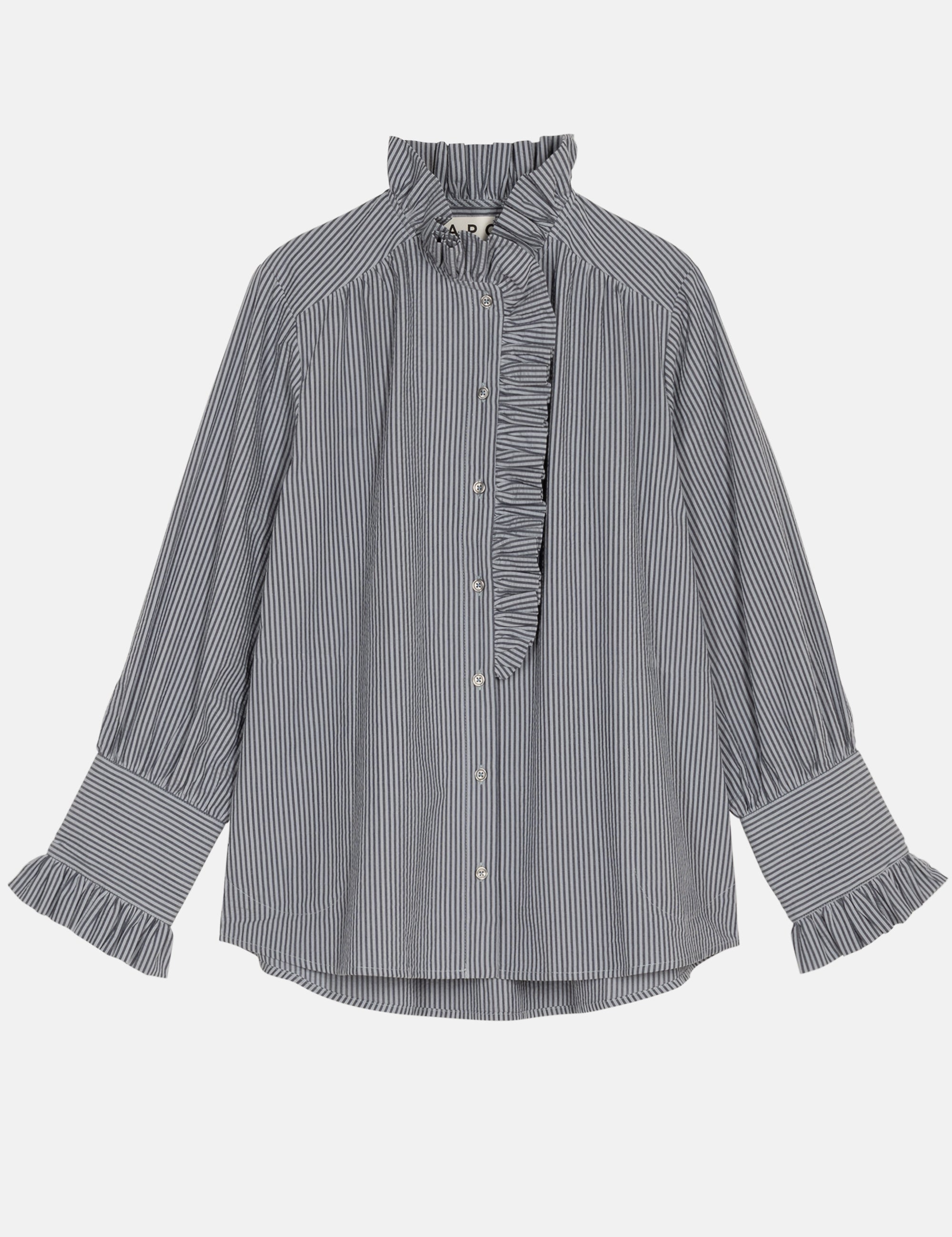 Gray and white striped women's shirt with ruffled details on a light gray background