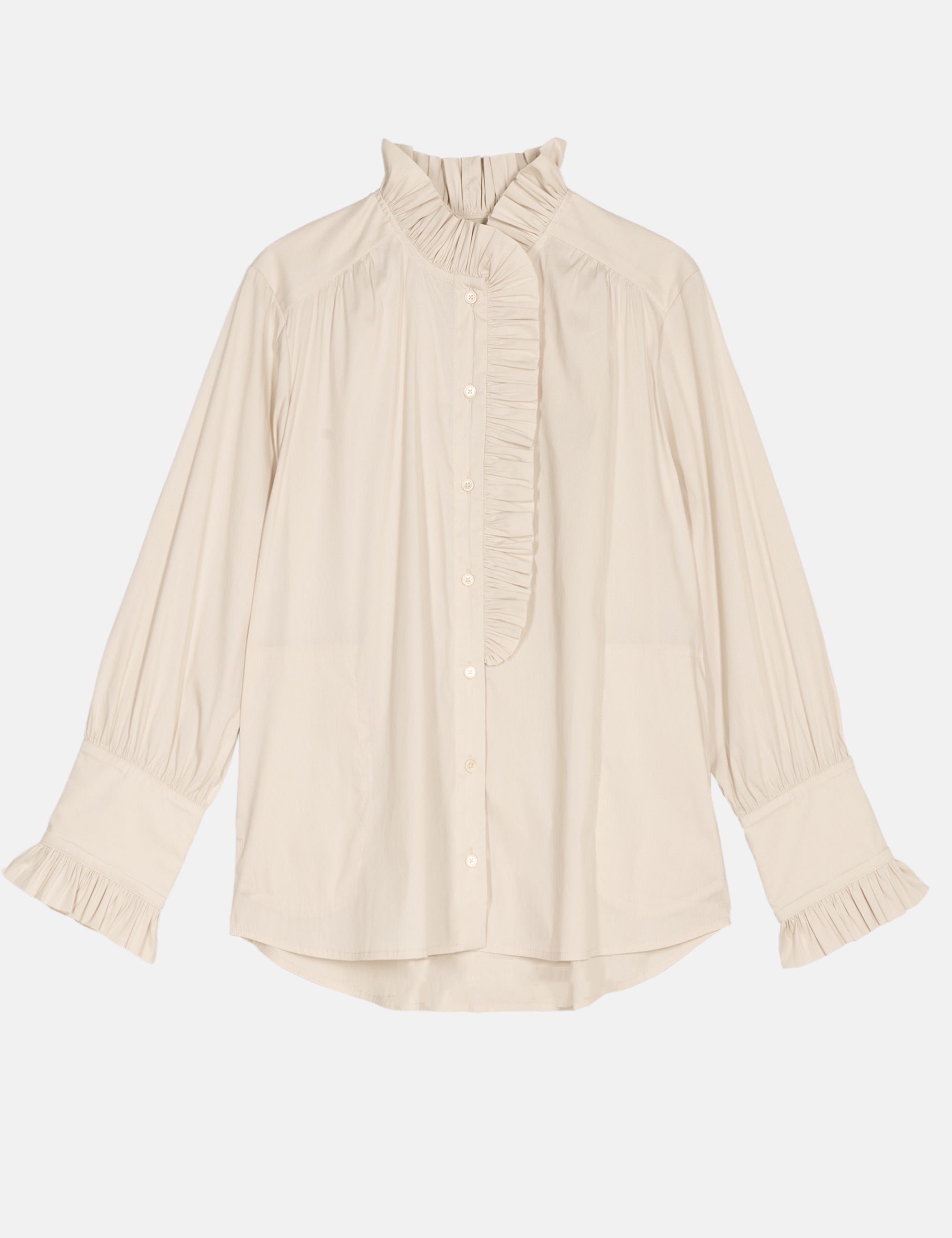 Beige blouse with ruffled collar on a white background