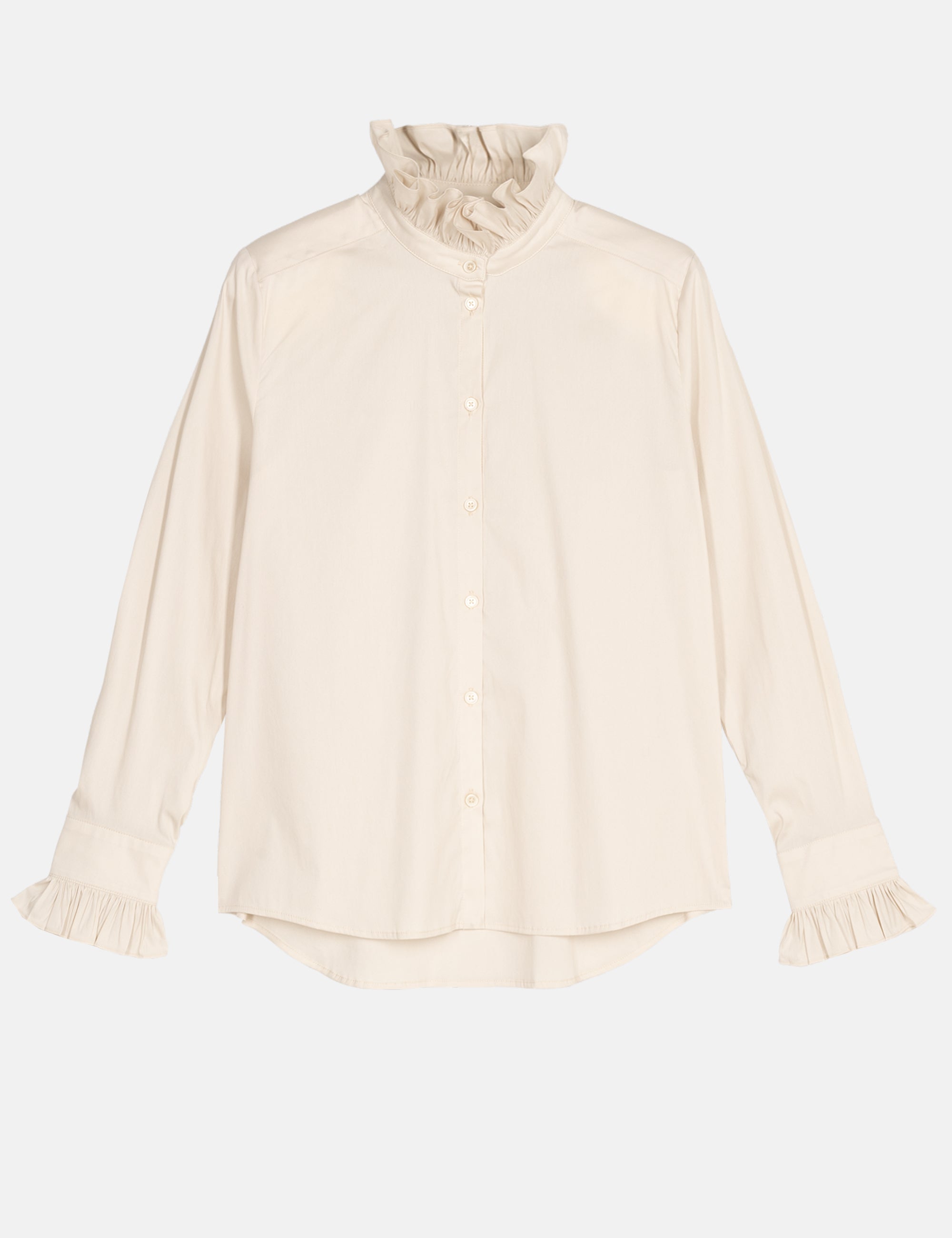 Shell white blouse with ruffled stand collar and long sleeves on a white background