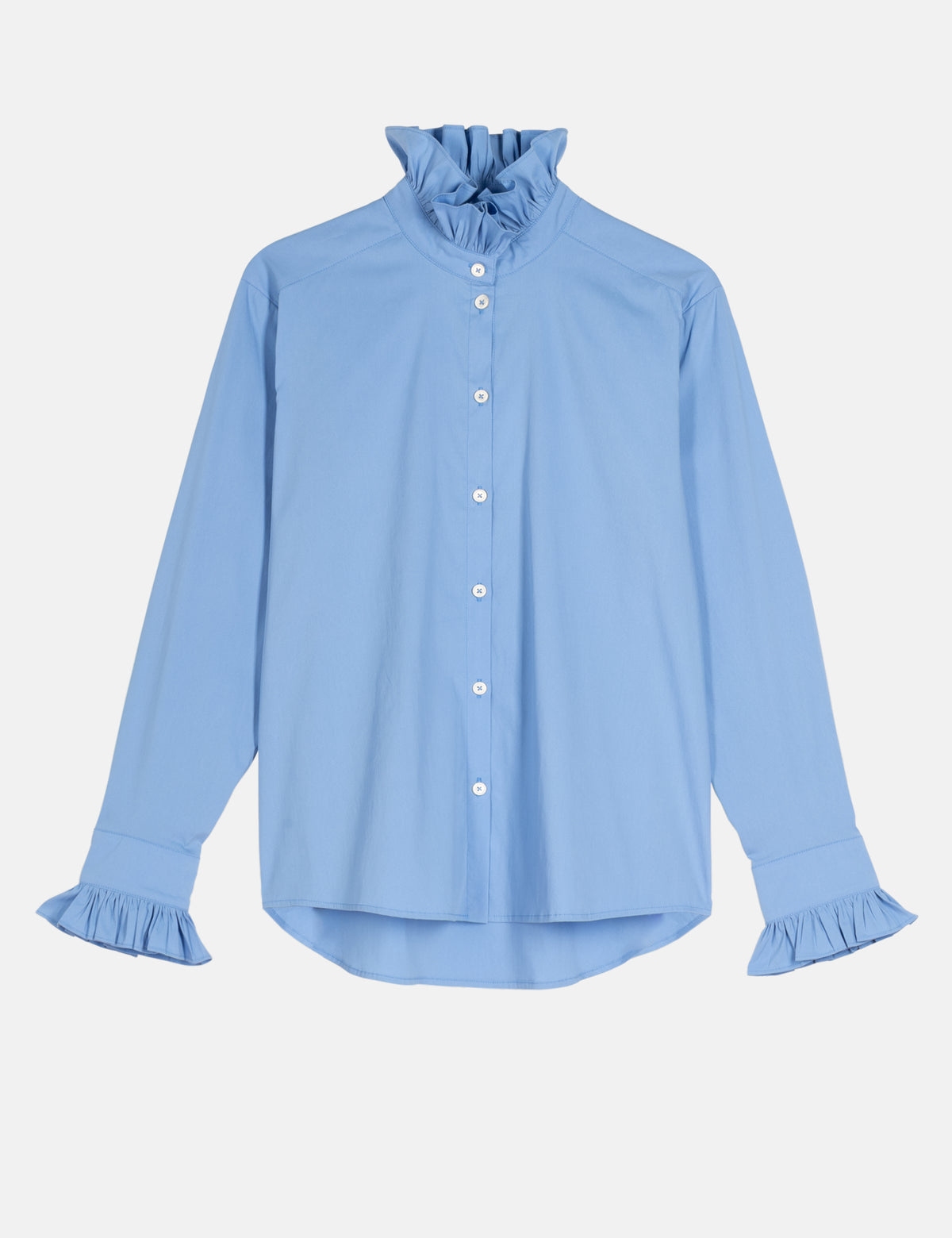 Light blue ASTA button-up shirt with ruffled stand collar and gathered long cuffs
