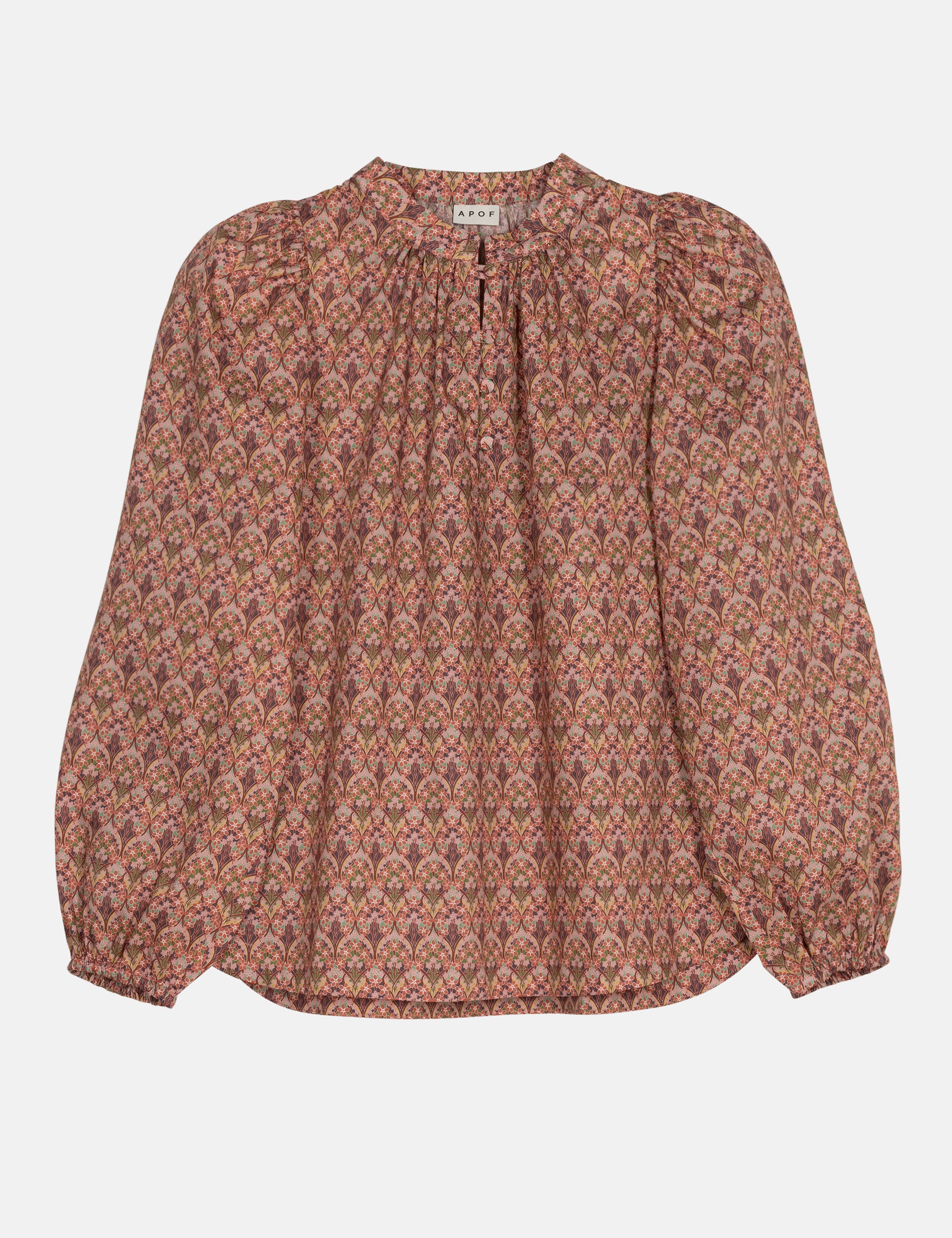 Floral patterned blouse with long puff sleeves and covered buttons
