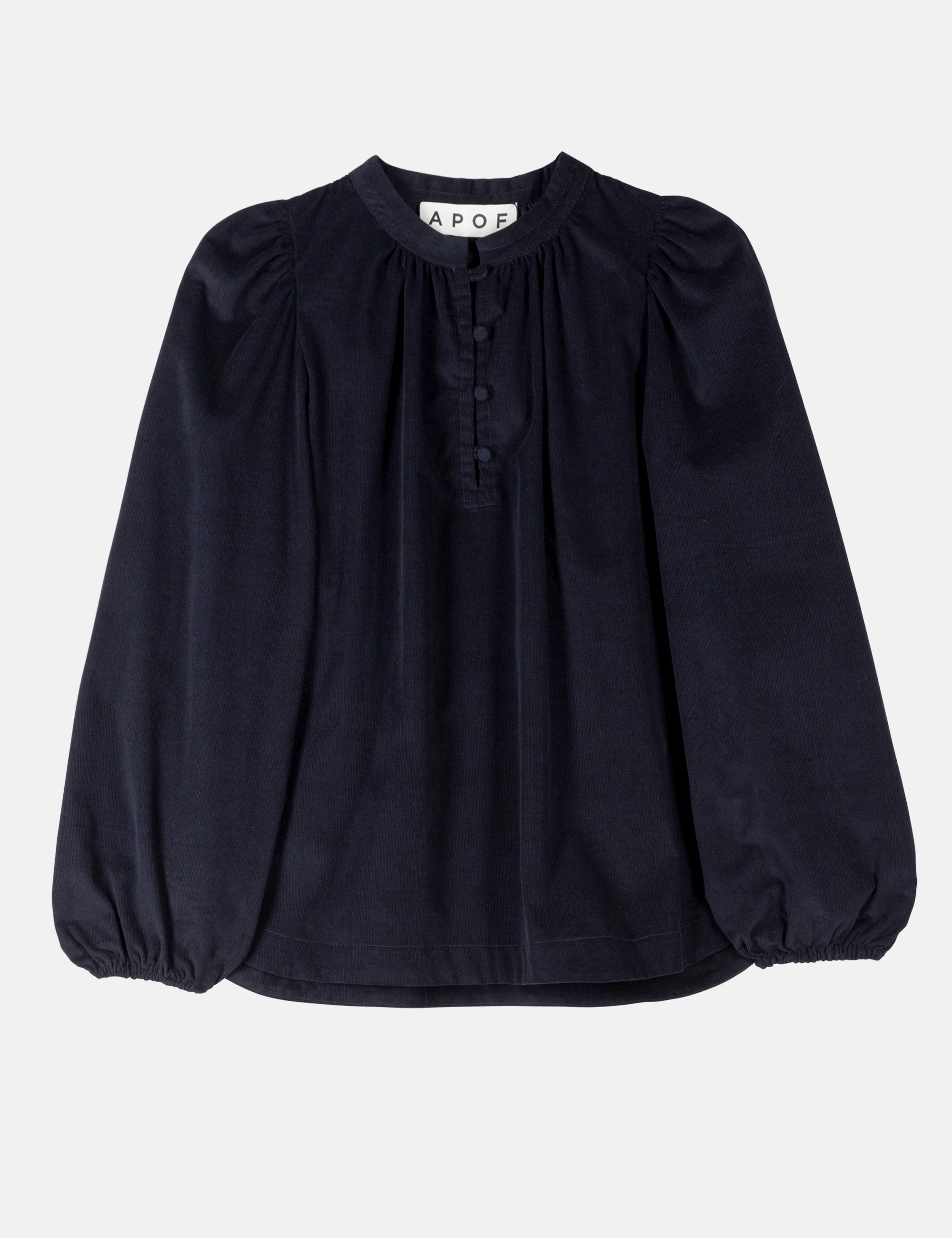 Blue corduroy blouse with long balloon sleeves on a white background