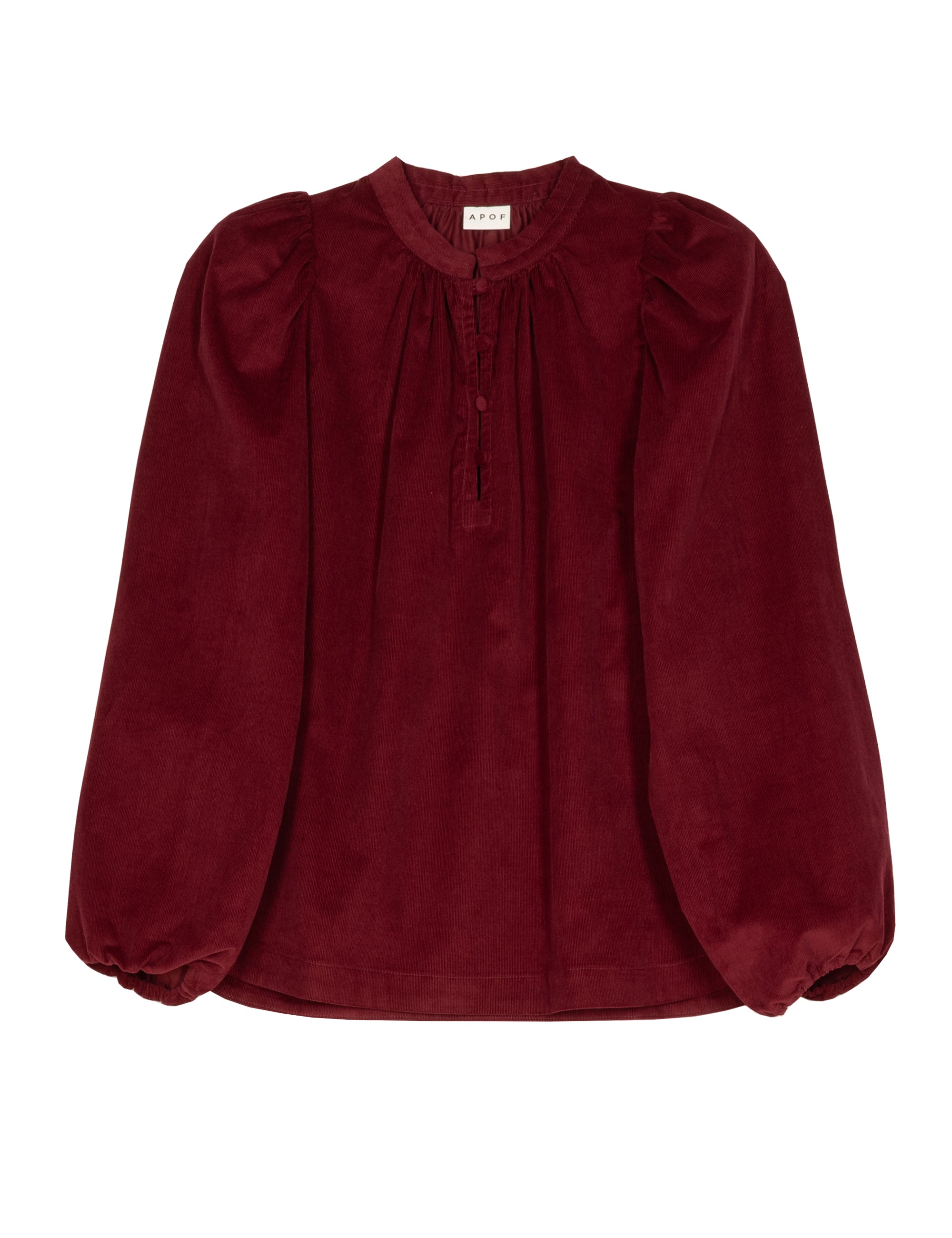 Dark red women's corduroy shirt with puffed sleeves and covered buttons