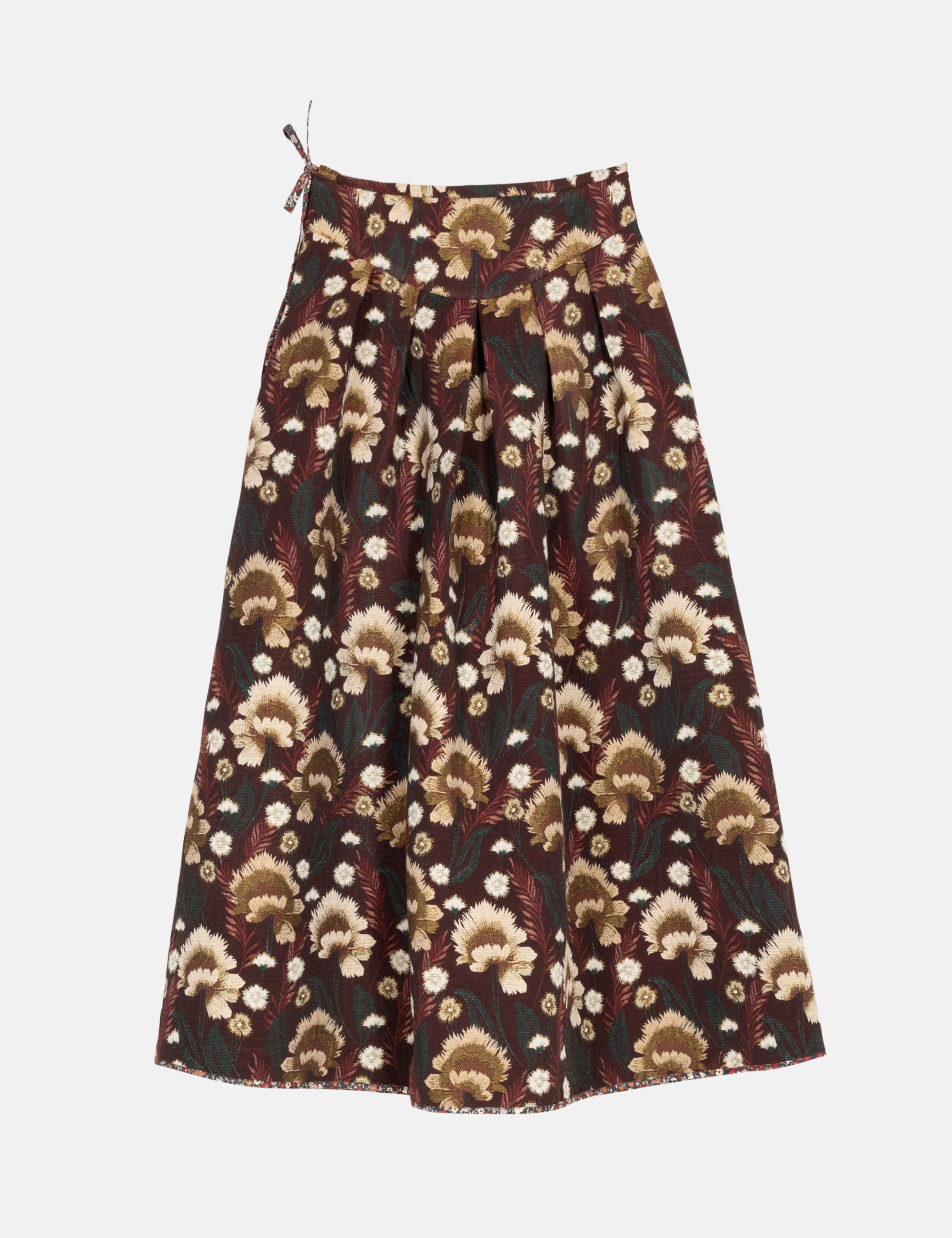 Brown floral patterned maxi skirt on a white background