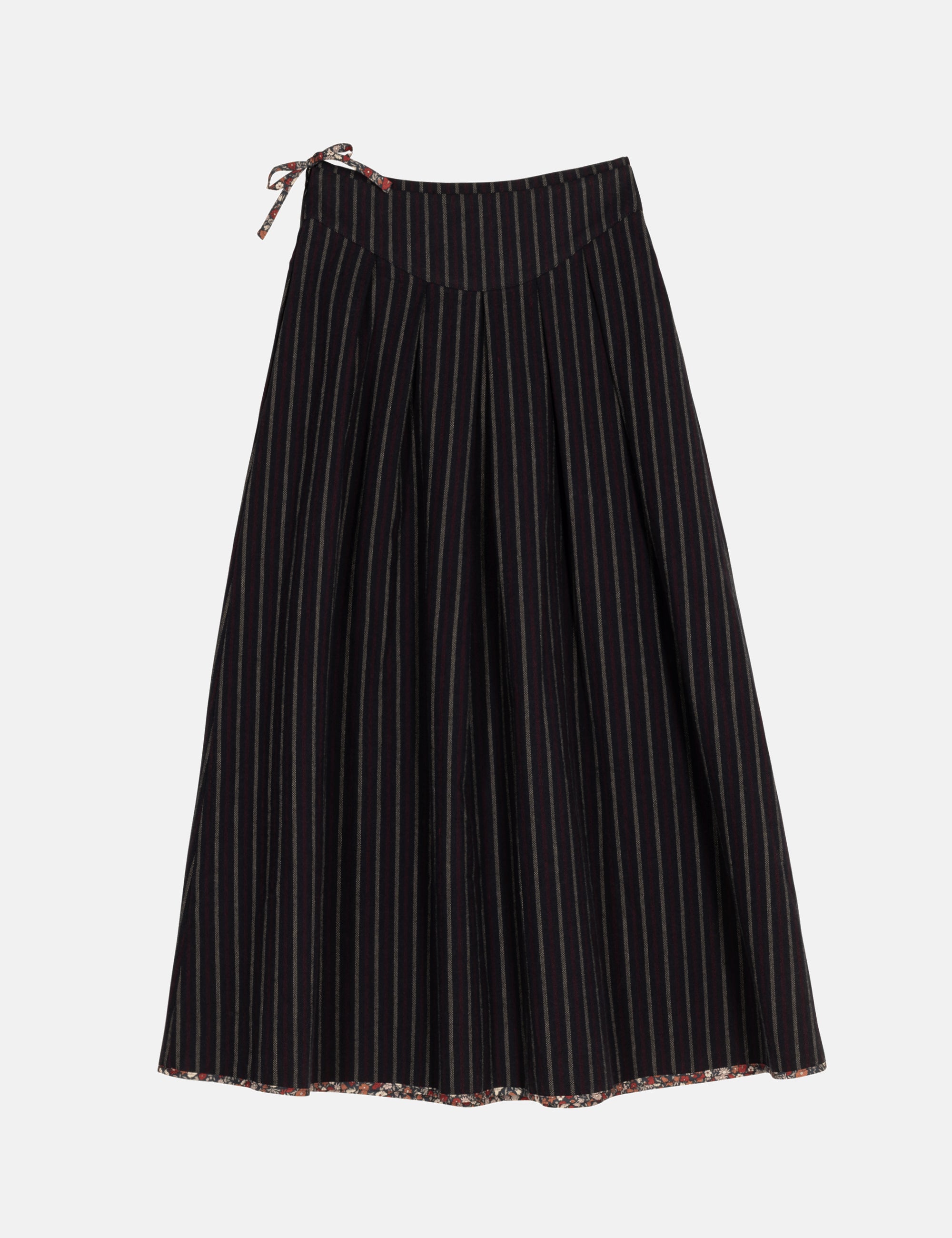 Black pleated and striped maxi skirt on a white background